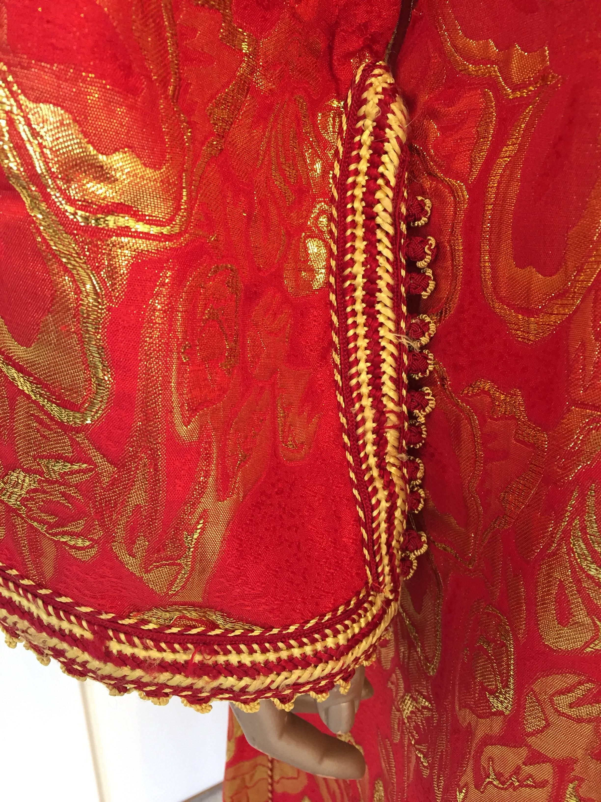 Vintage Moroccan Kaftan 1970s Red and Gold Floral Brocade Caftan Maxi Dress For Sale 1