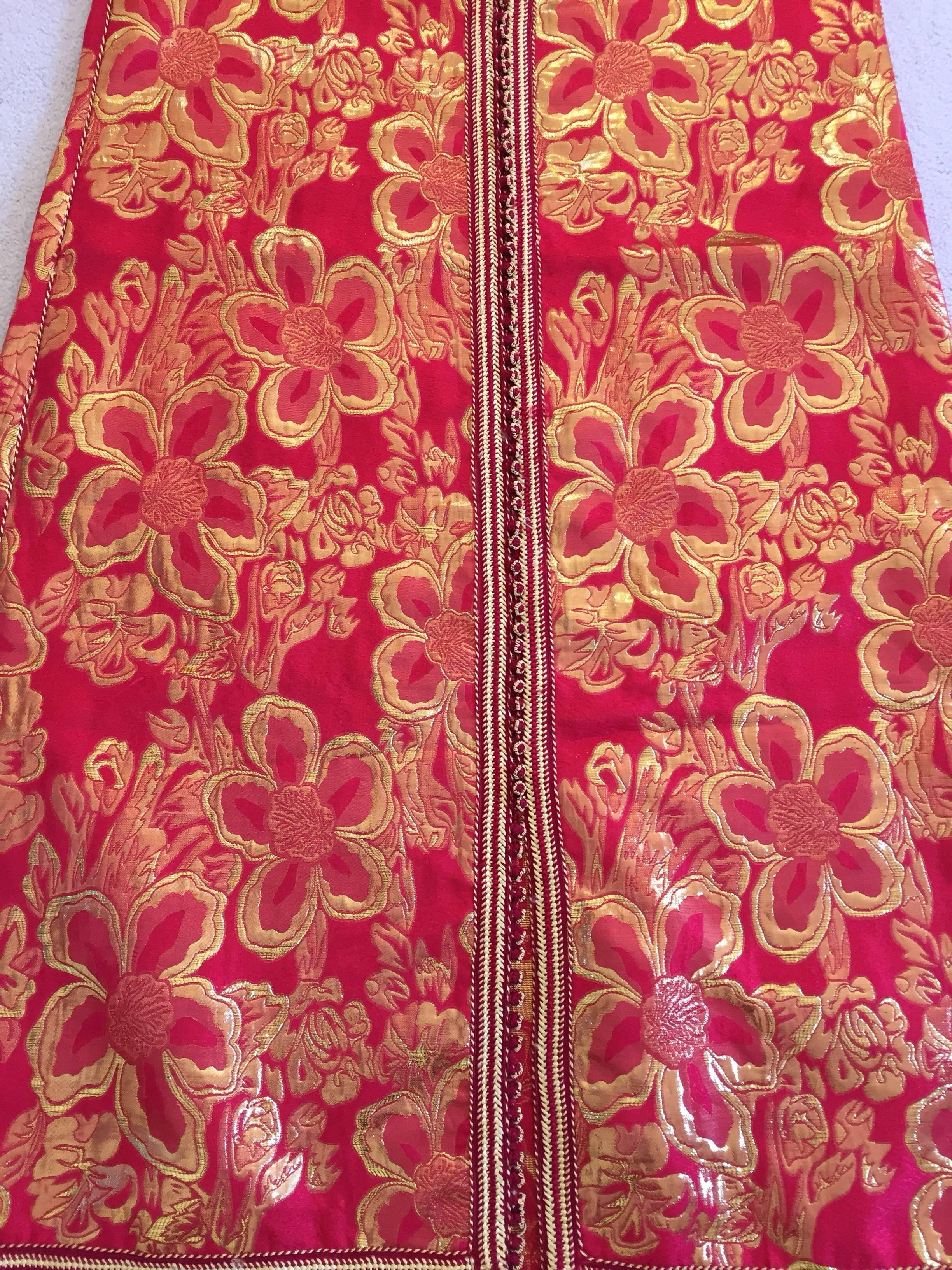 20th Century Vintage Moroccan Kaftan 1970s Red and Gold Floral Brocade Caftan Maxi Dress For Sale