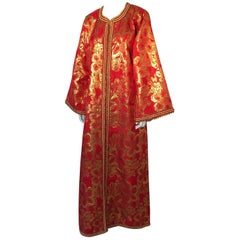 Vintage Moroccan Kaftan 1970s Red and Gold Floral Brocade Caftan Maxi Dress