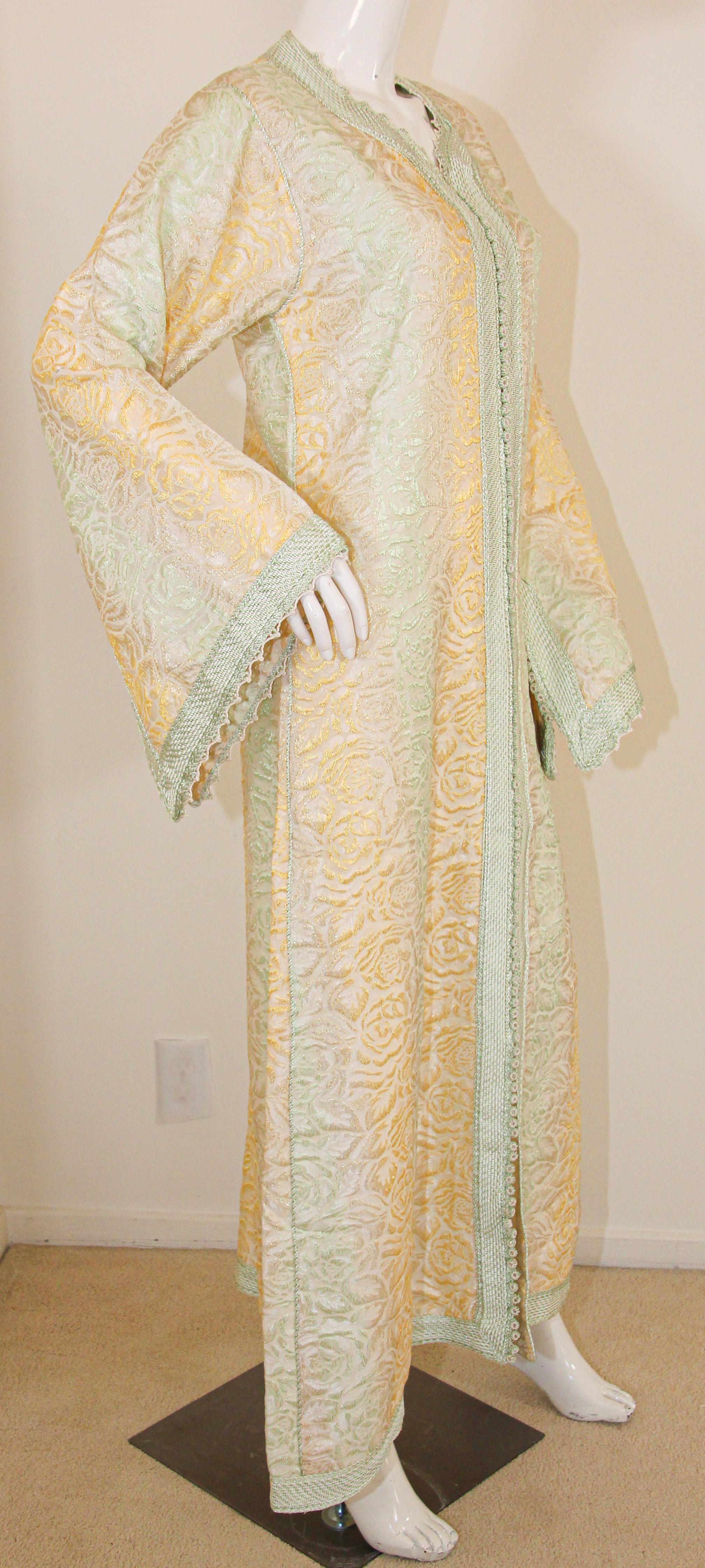 Vintage Moroccan Kaftan, Gold and Sage Damask Embroidered, ca. 1970s For Sale 8