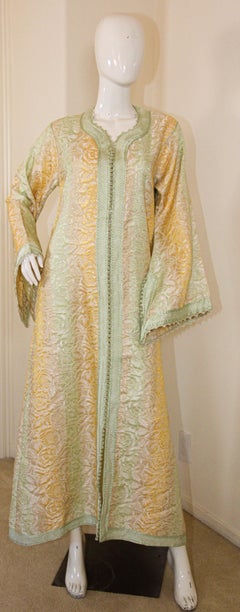Vintage Moroccan Kaftan, Gold and Sage Damask Embroidered, ca. 1970s