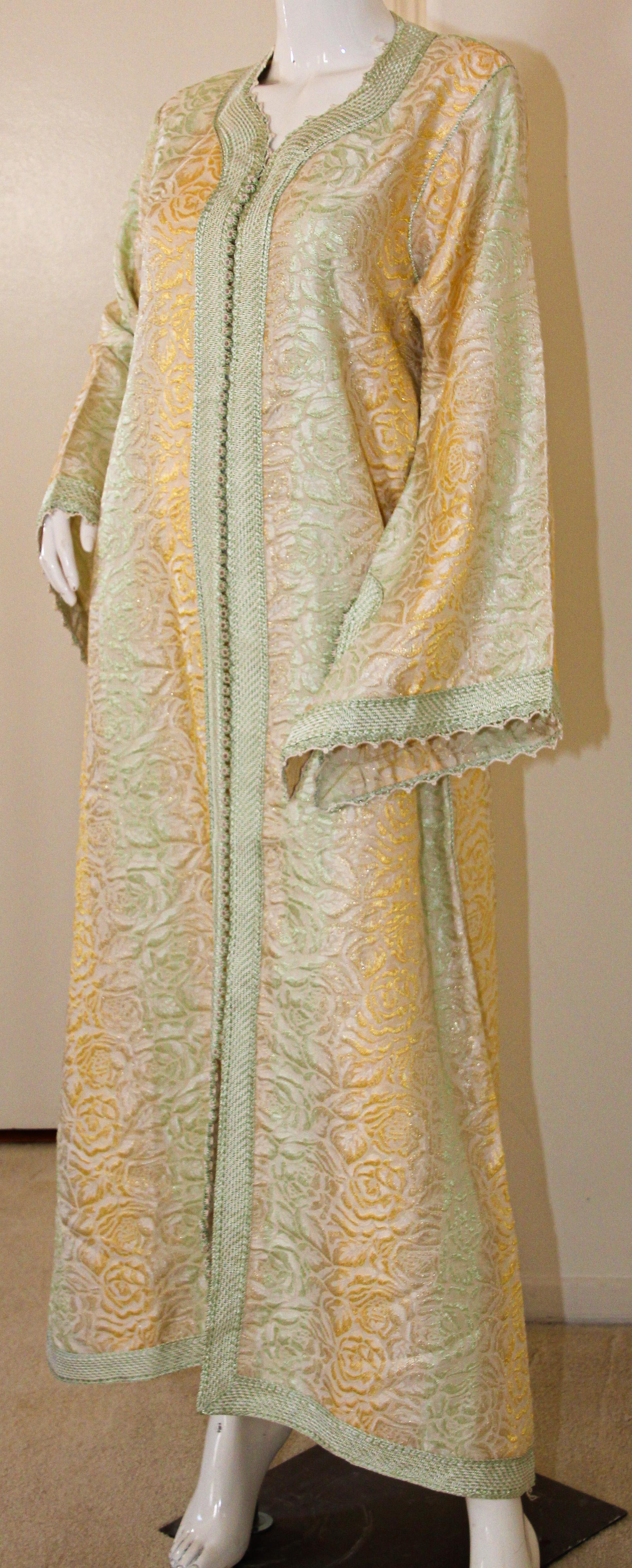 Hand-Crafted Vintage Moroccan Kaftan, Gold and Sage Damask Embroidered, ca. 1970s For Sale