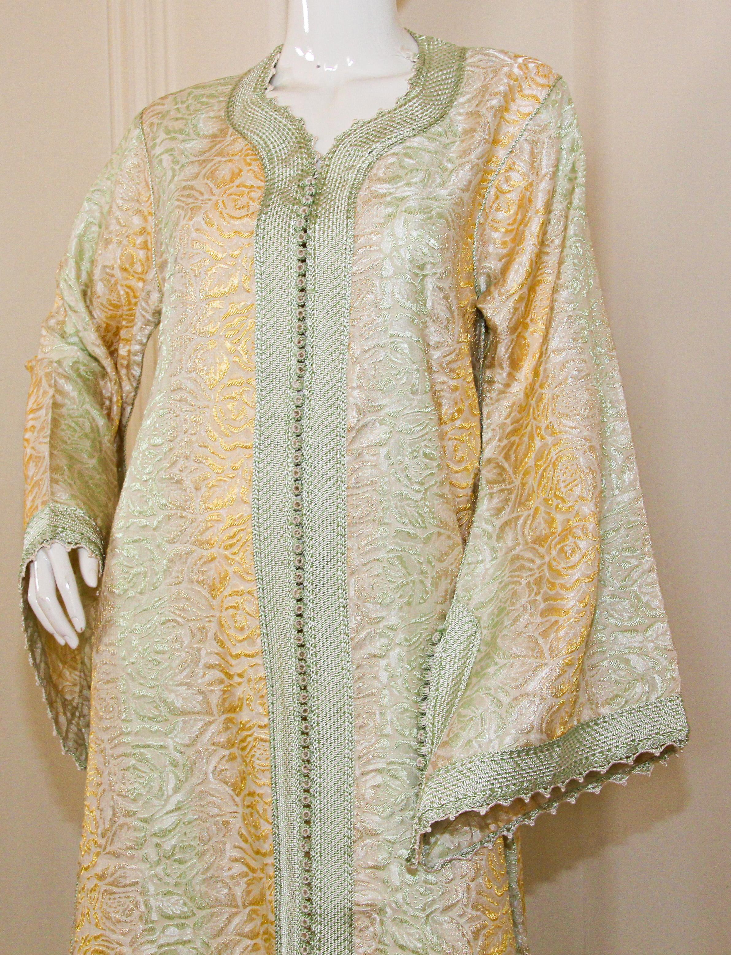 Late 20th Century Vintage Moroccan Kaftan, Gold and Sage Damask Embroidered, ca. 1970s For Sale