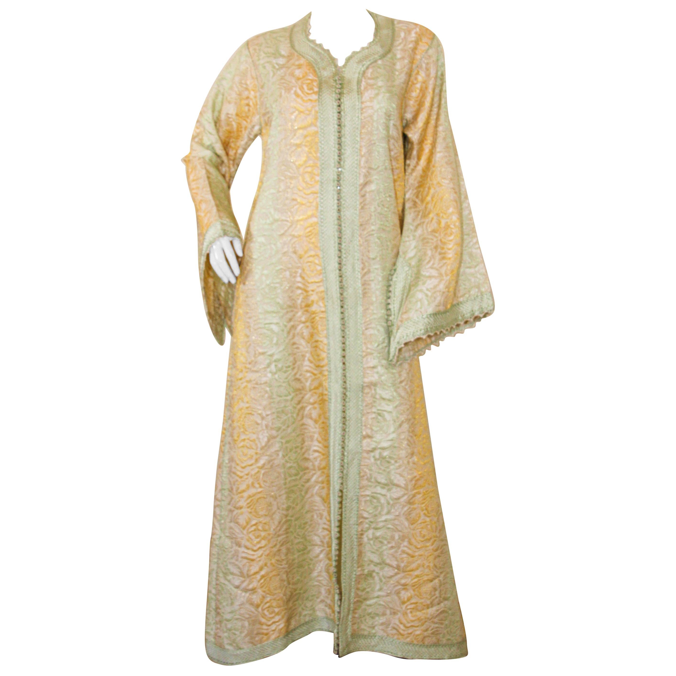 Vintage Moroccan Kaftan, Gold and Sage Damask Embroidered, ca. 1970s