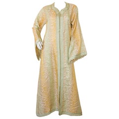 Vintage Moroccan Kaftan, Gold and Sage Damask Embroidered, ca. 1970s