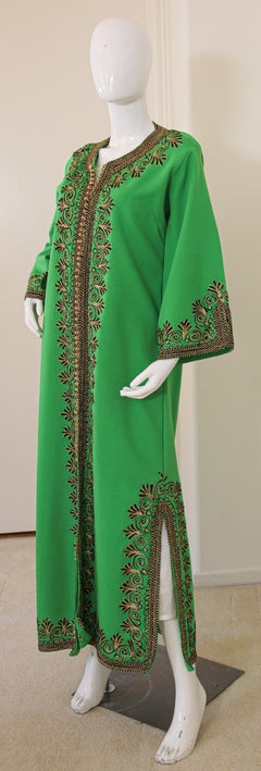 Vintage Moroccan Kaftan Green Maxi Dress circa 1970 Size L