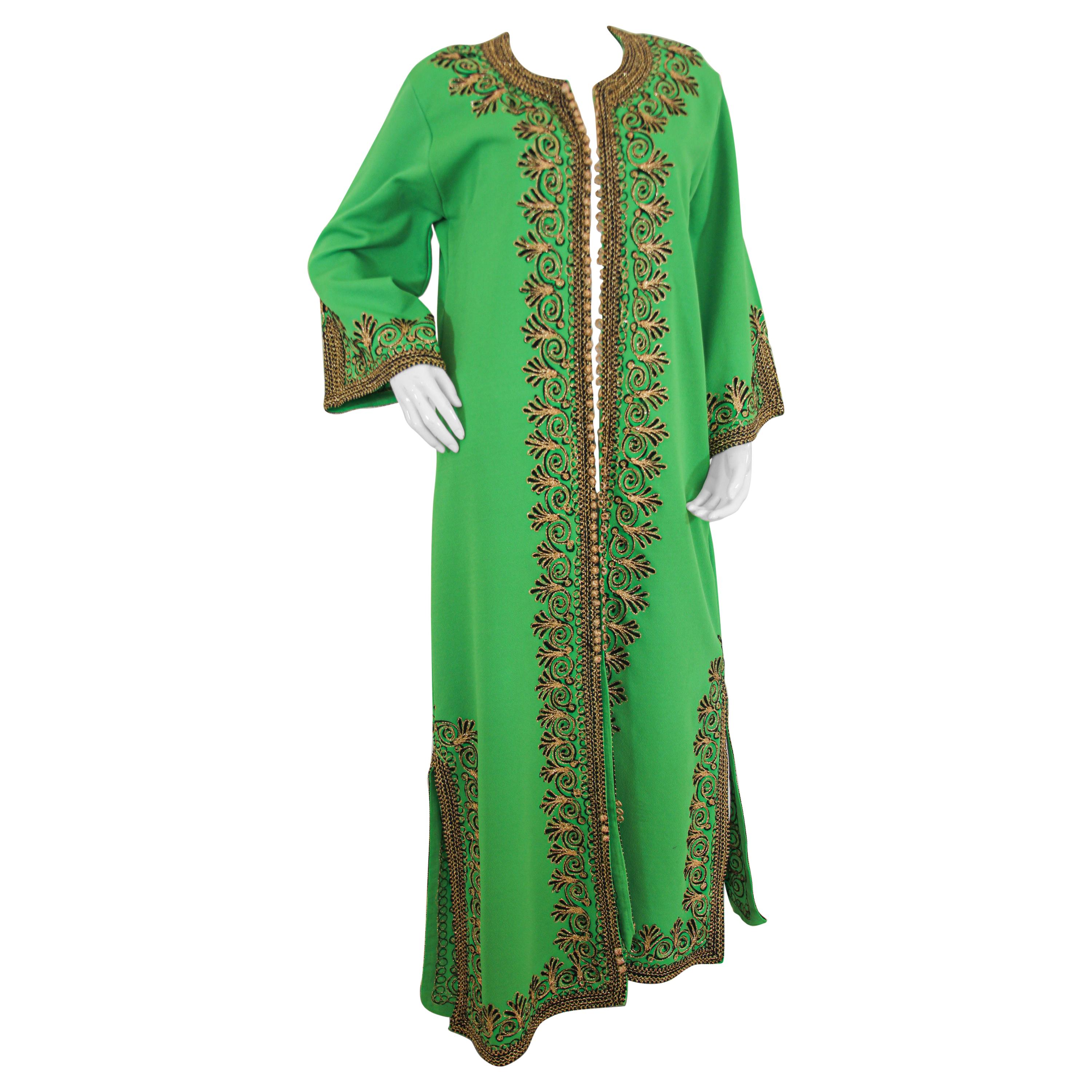 Vintage Moroccan Kaftan Green Maxi Dress circa 1970 Size L