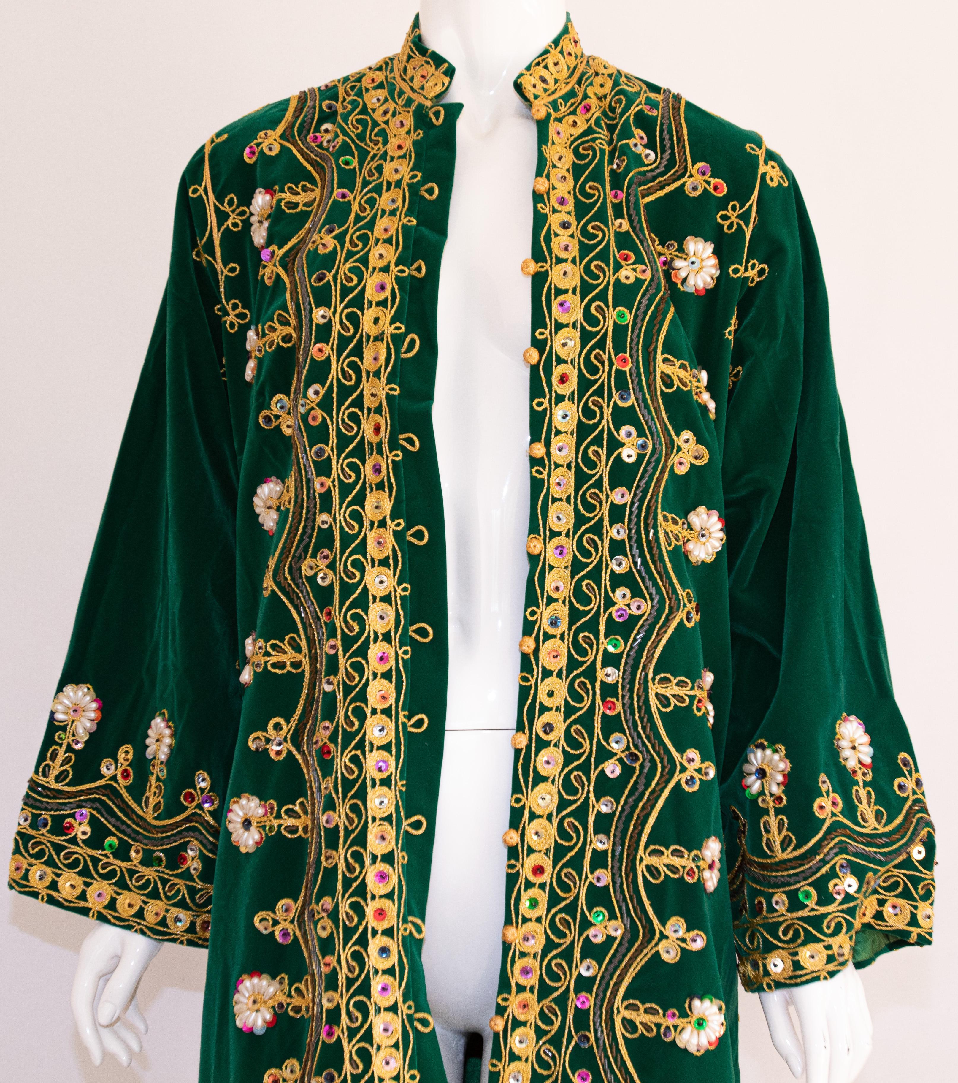 Vintage Moroccan Kaftan Green Velvet Embroidered 1960s 12