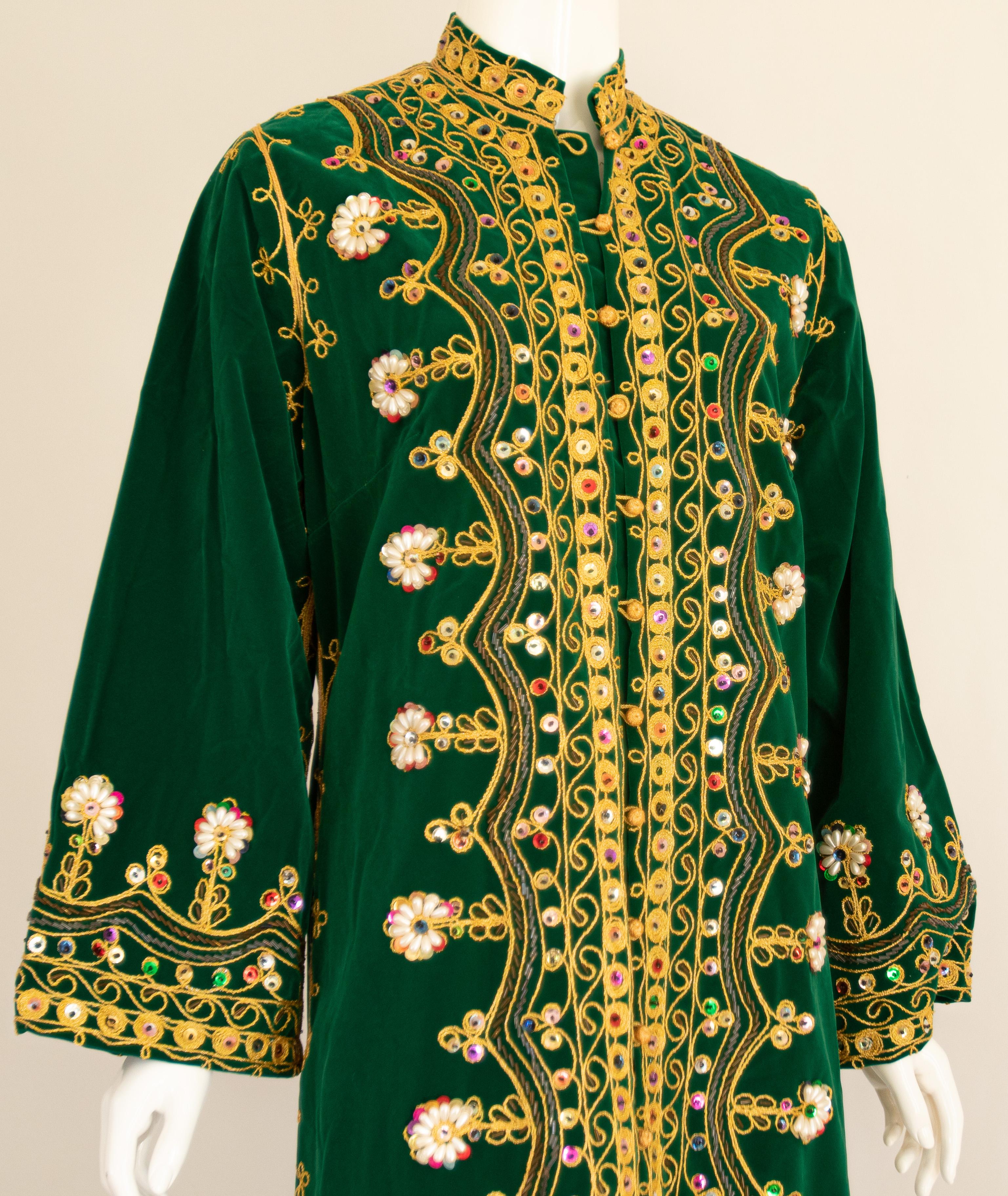 Moorish Vintage Moroccan Kaftan Green Velvet Embroidered 1960s