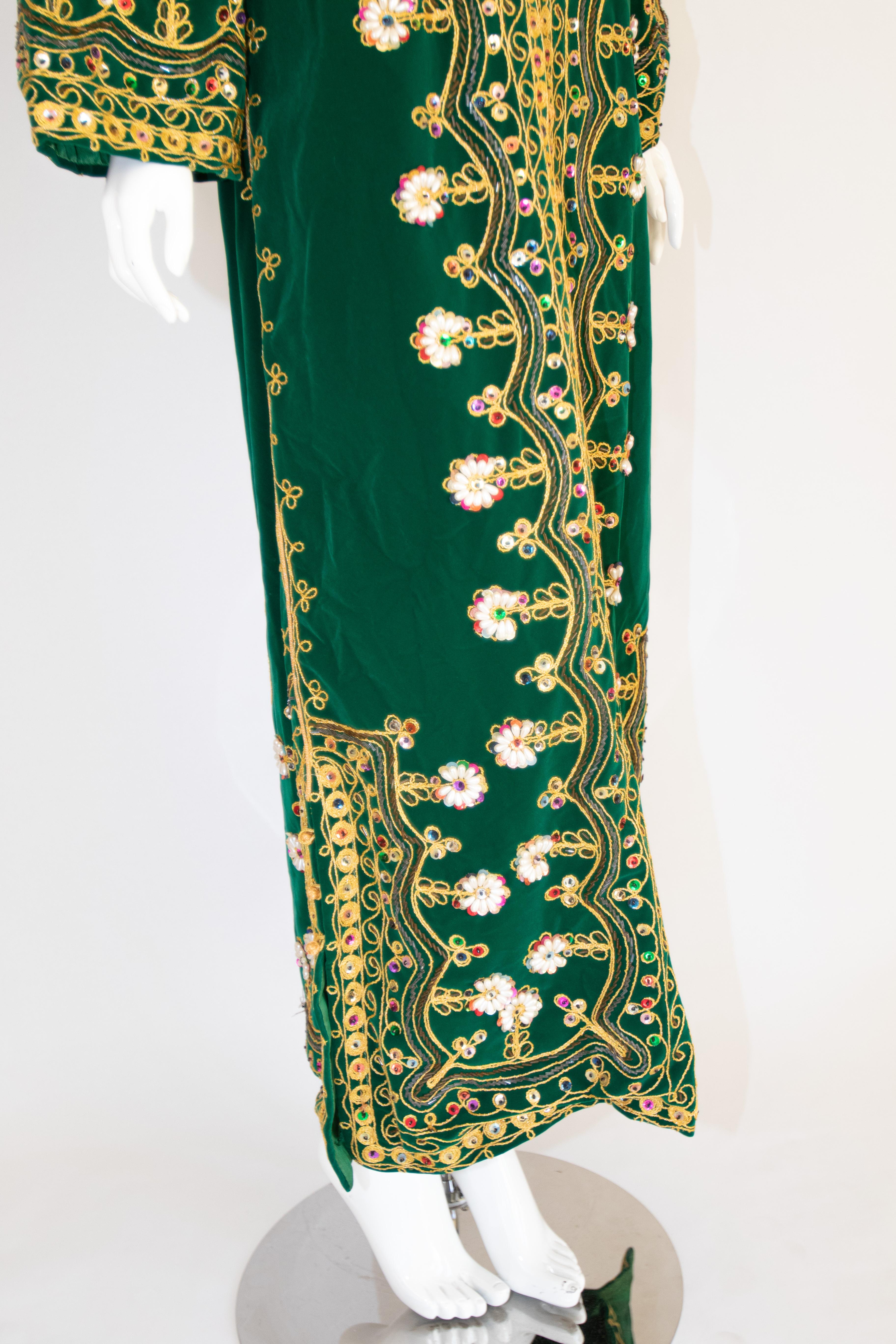 Hand-Crafted Vintage Moroccan Kaftan Green Velvet Embroidered 1960s