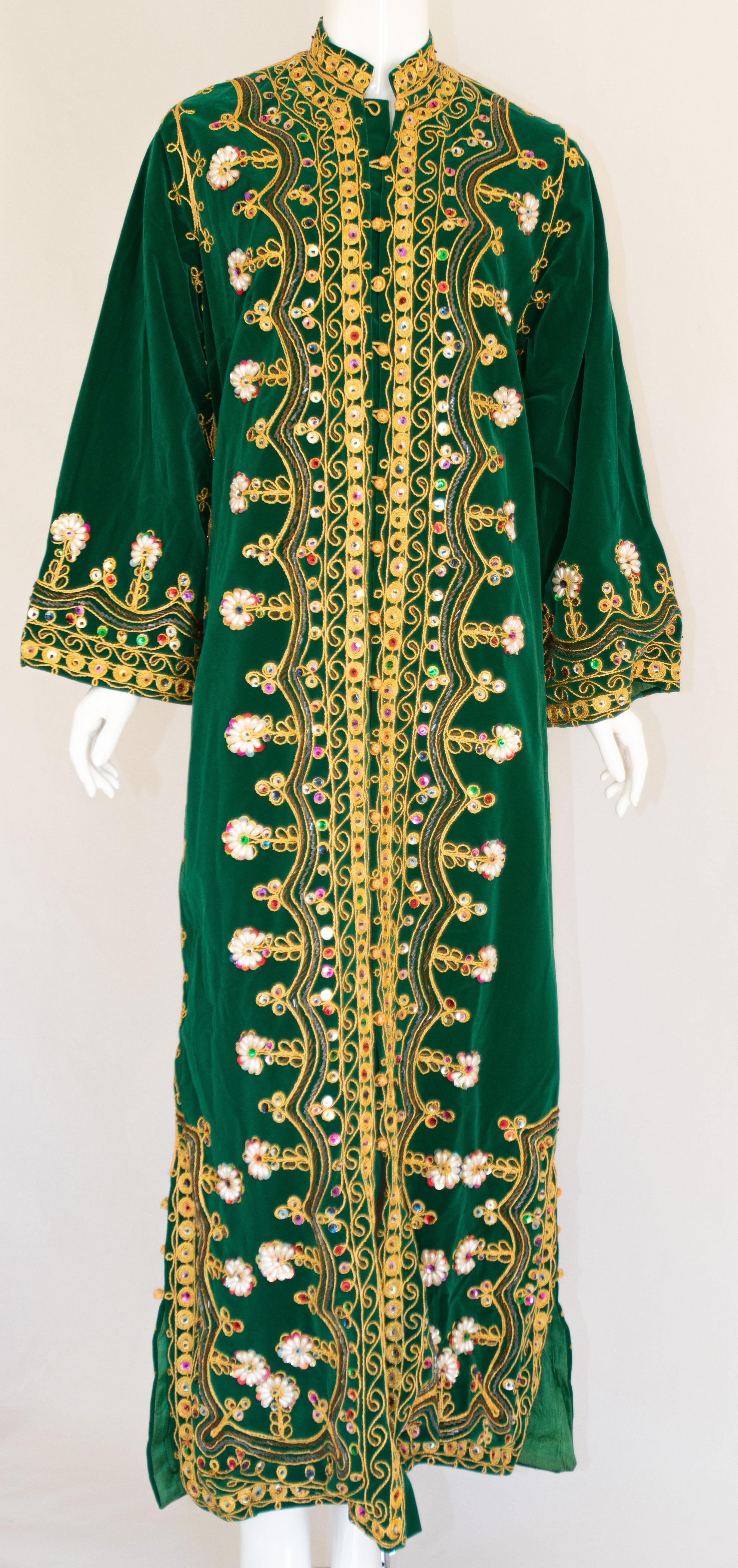 Black Vintage Moroccan Kaftan Green Velvet Embroidered 1960s