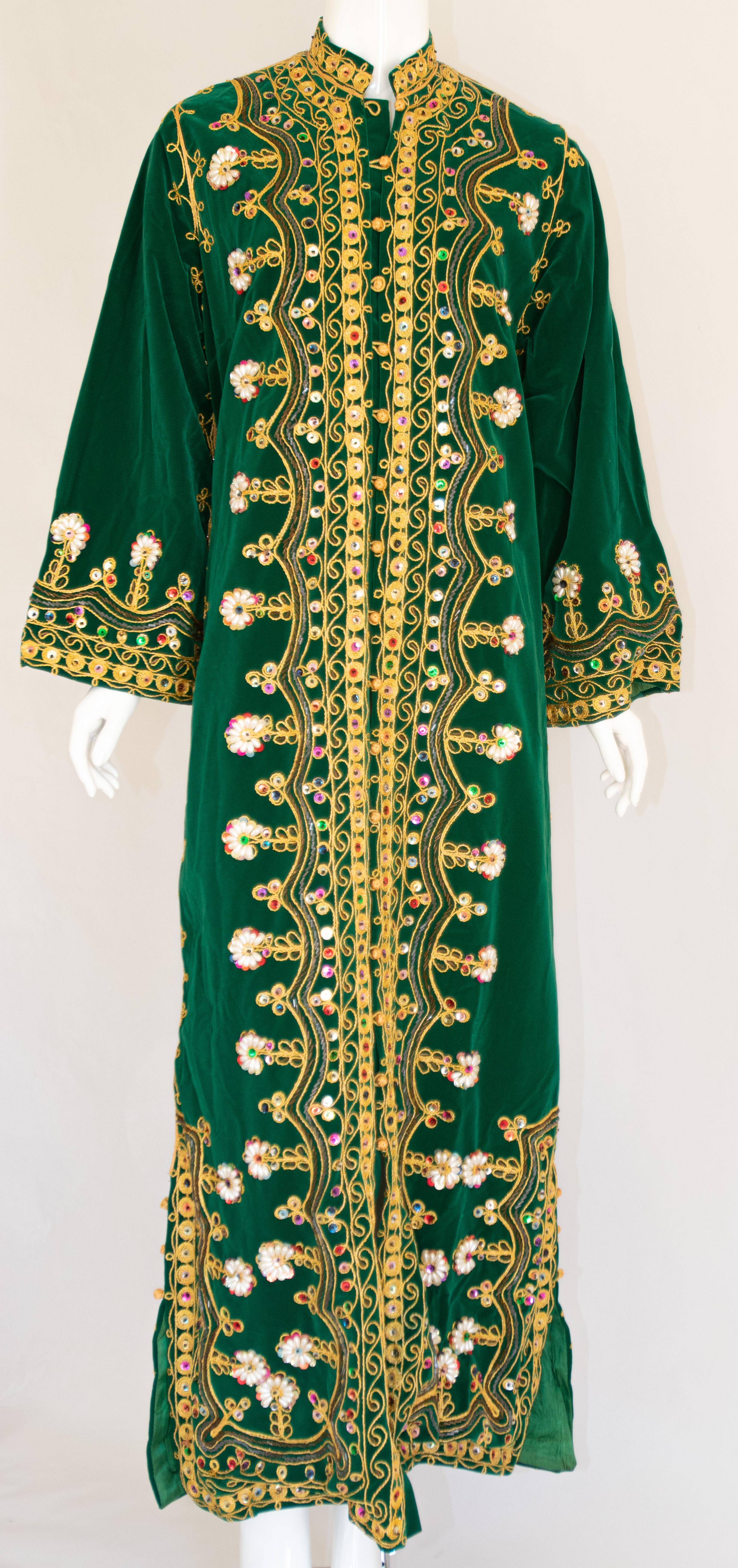 Mid-20th Century Vintage Moroccan Kaftan Green Velvet Embroidered 1960s