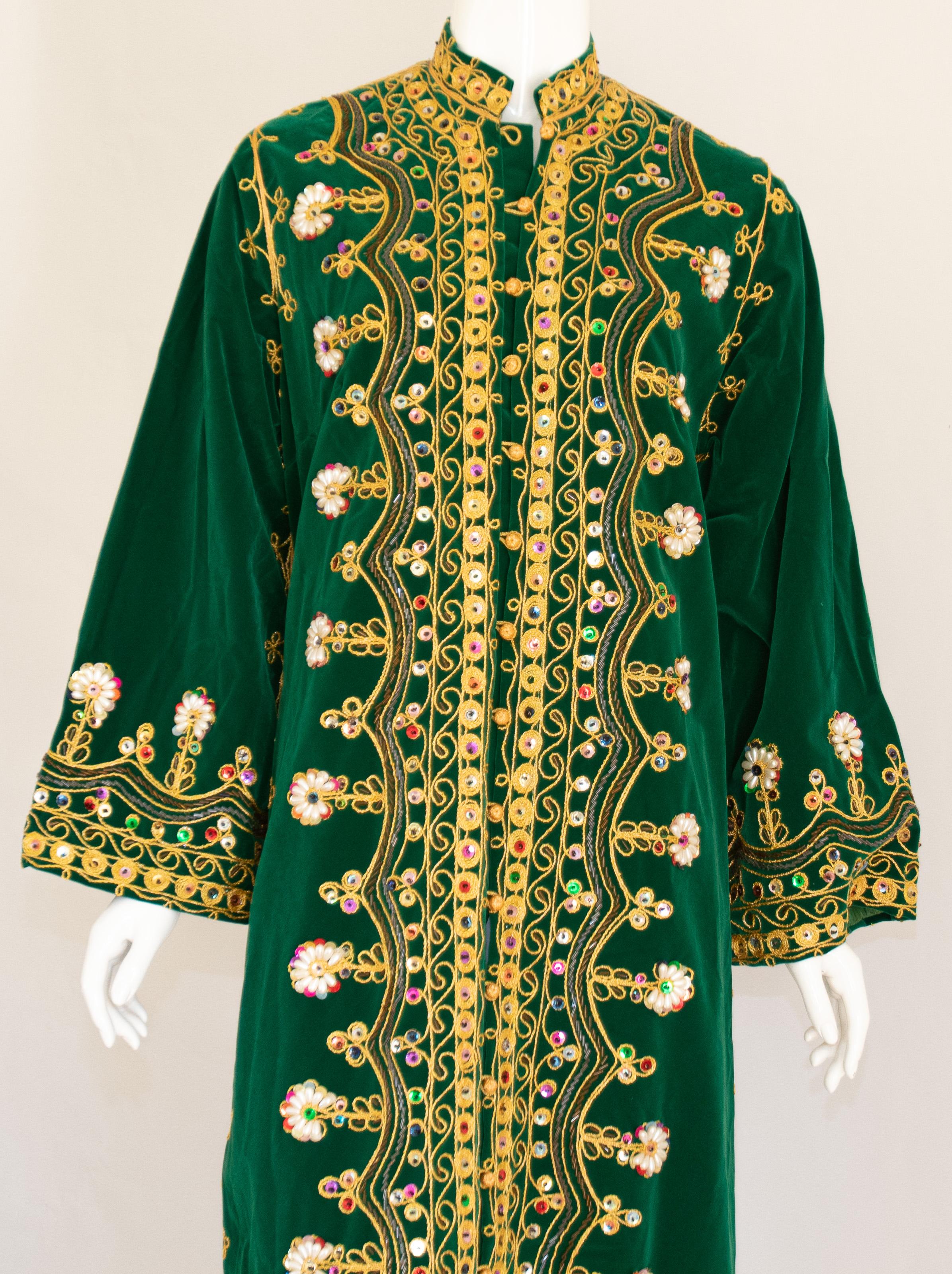 Metallic Thread Vintage Moroccan Kaftan Green Velvet Embroidered 1960s