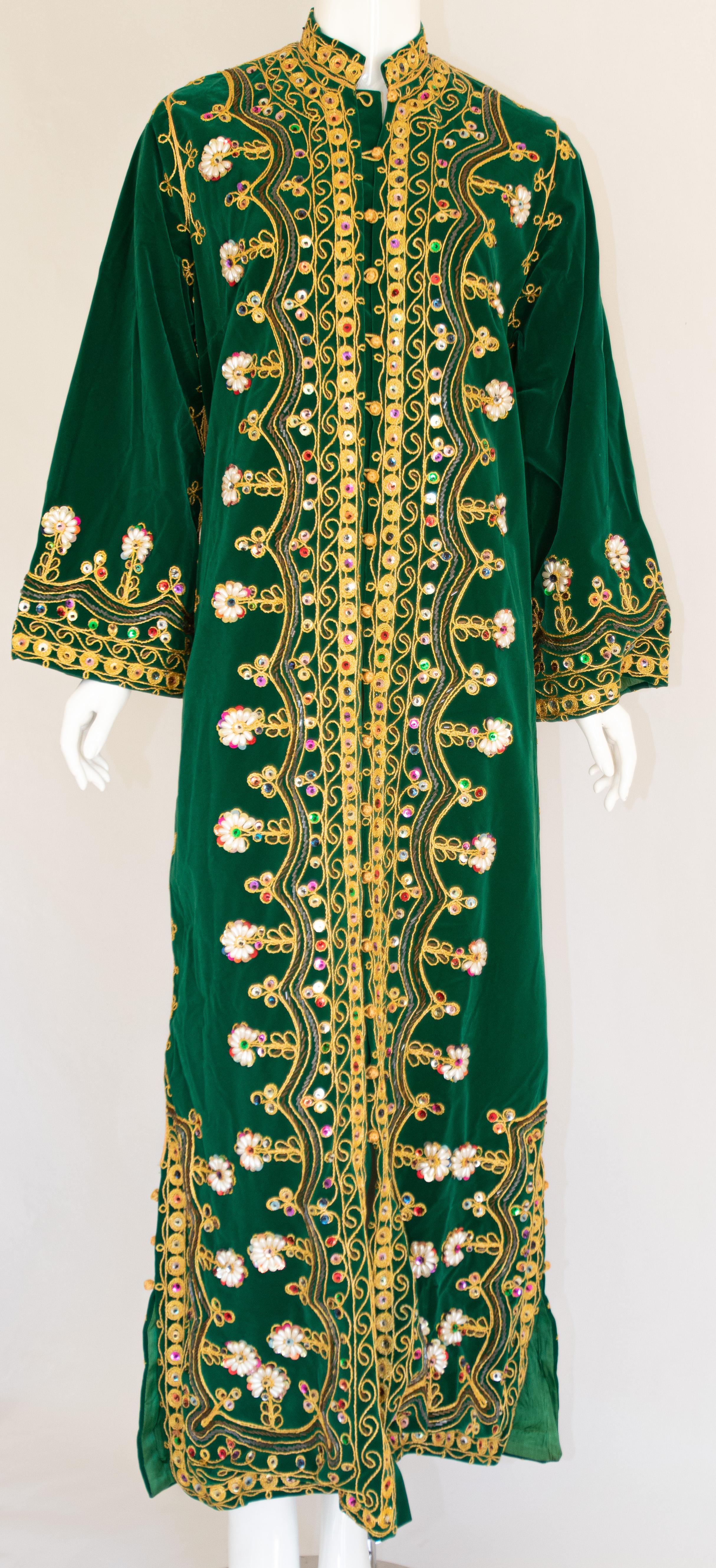 Vintage Moroccan Kaftan Green Velvet Embroidered 1960s 1