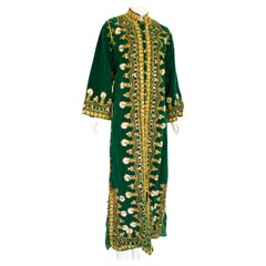 Vintage Moroccan Kaftan Green Velvet Embroidered 1960s