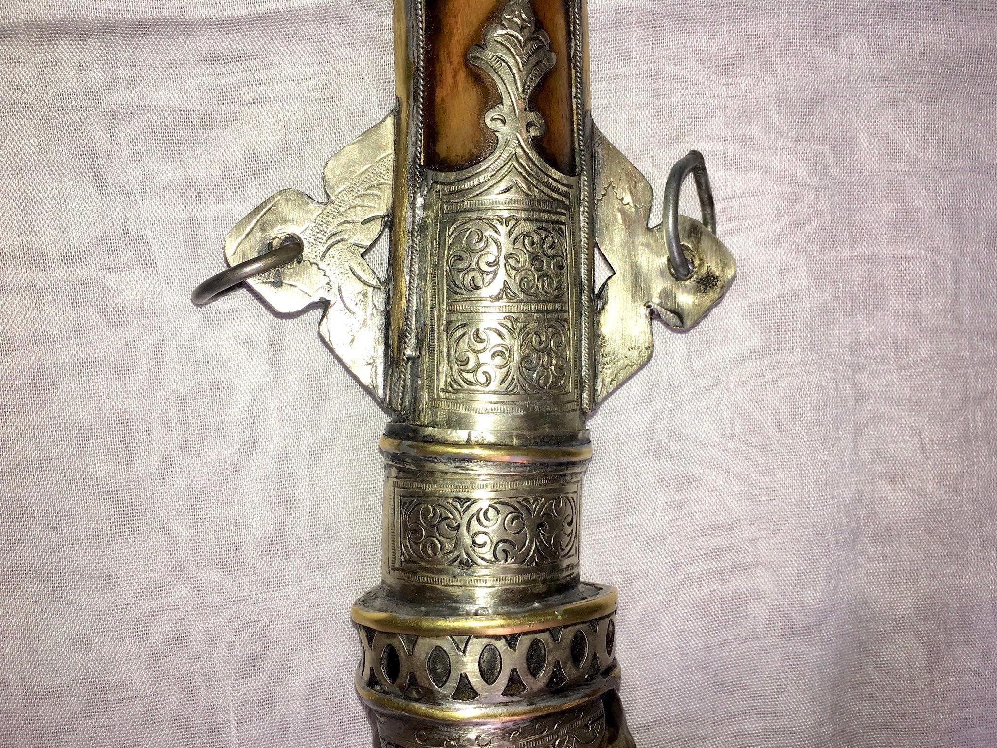 Tribal Vintage Moroccan Khanjar Dagger Knife Curved Blade Weapon Bone, Horn, Silver For Sale