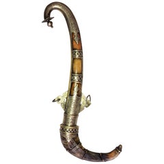 Vintage Moroccan Khanjar Dagger Knife Curved Blade Weapon Bone, Horn, Silver