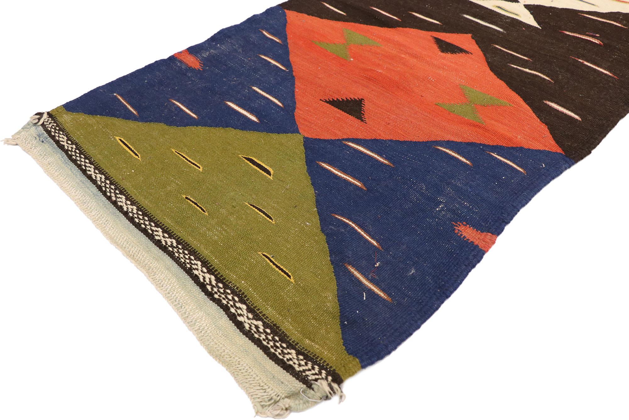 21074, vintage Moroccan Kilim Hallway runner with Retro Art Deco style, flat-weave rug. Measures: 02'03 x 08'00. With a bold geometric form and retro flair, this handwoven wool vintage Moroccan Kilim runner astounds with its beauty. Lively colors