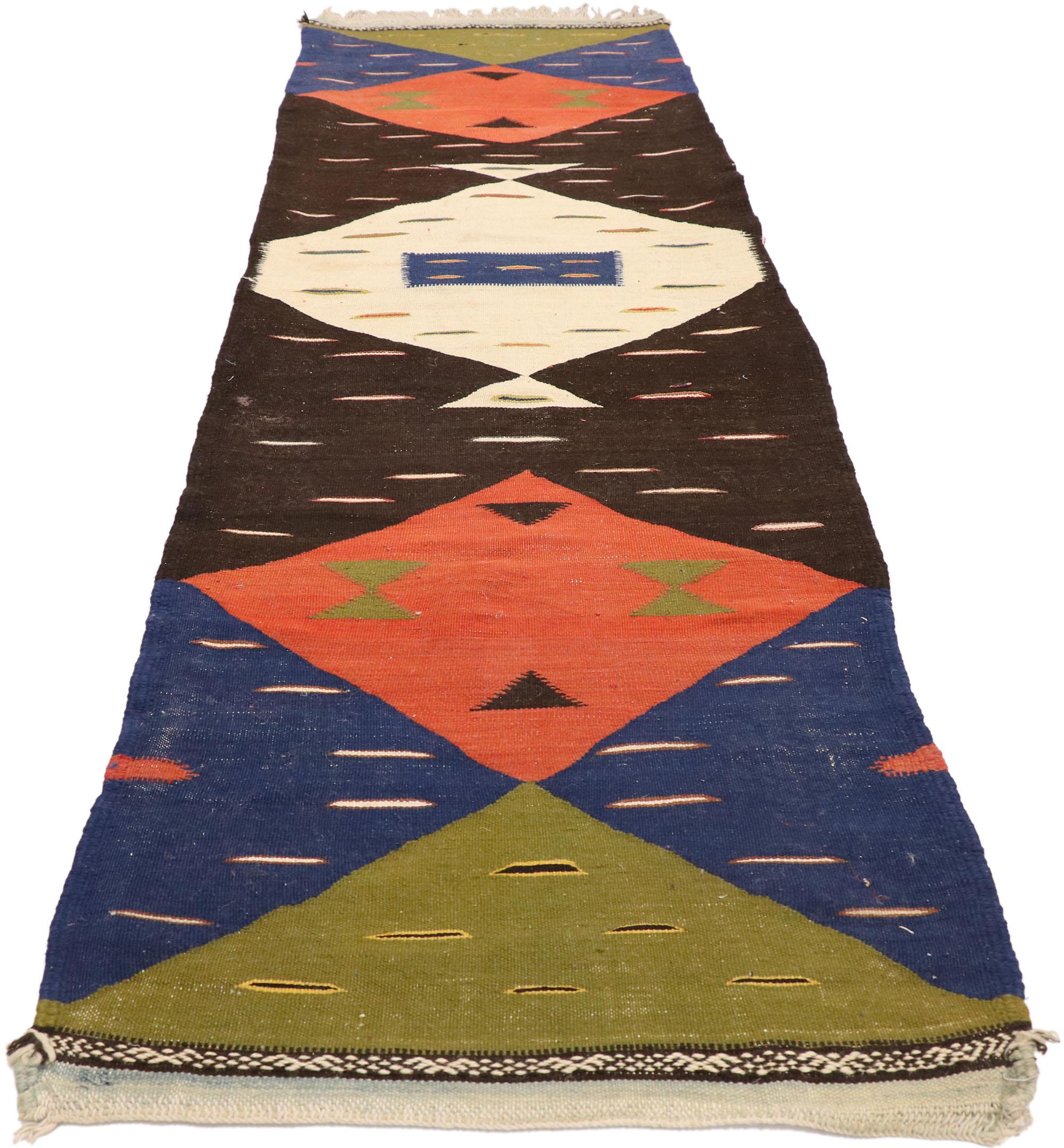 Mid-Century Modern Vintage Moroccan Kilim Hallway Runner with Retro Art Deco Style, Flat-Weave Rug