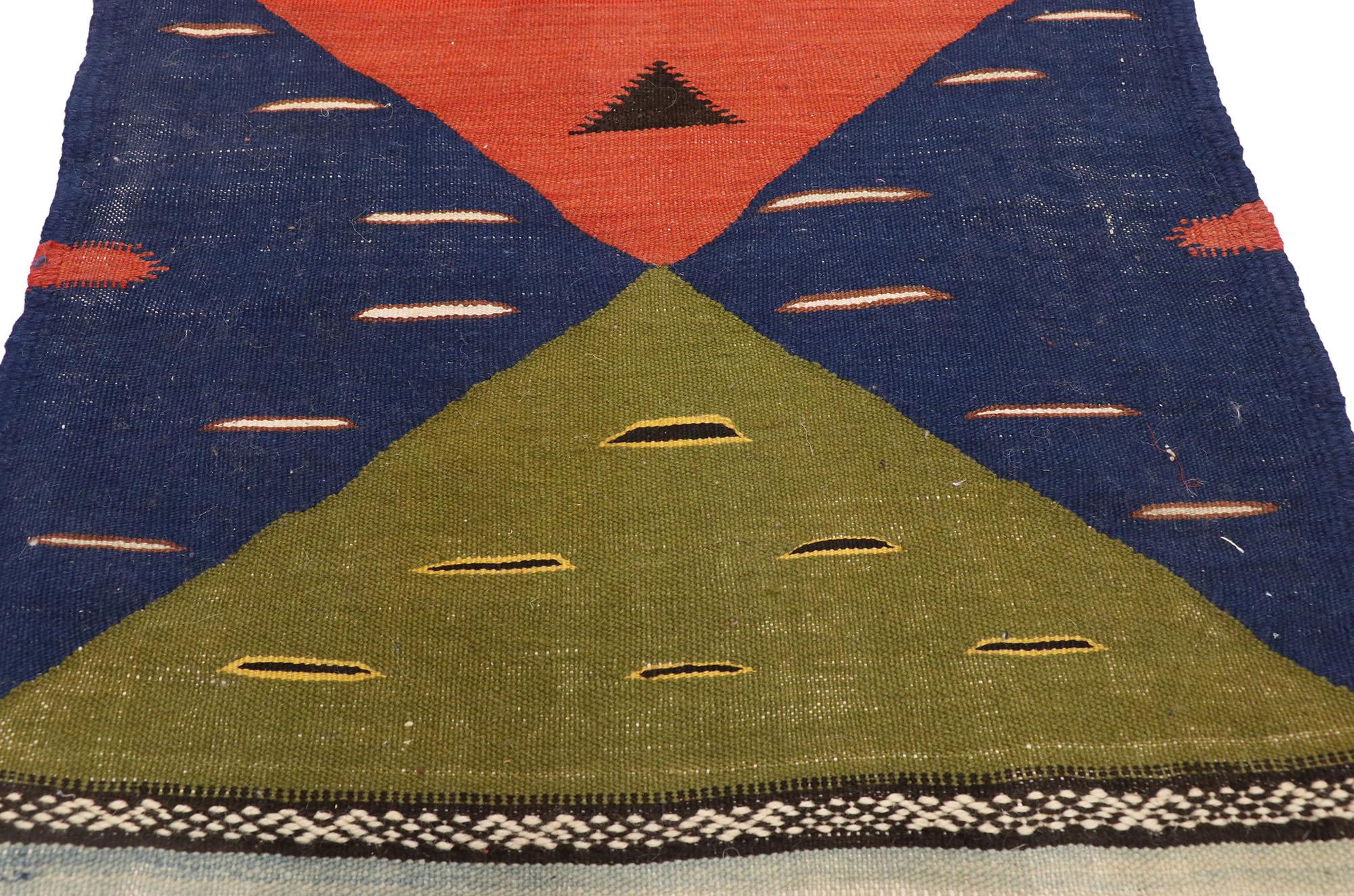 Hand-Woven Vintage Moroccan Kilim Hallway Runner with Retro Art Deco Style, Flat-Weave Rug
