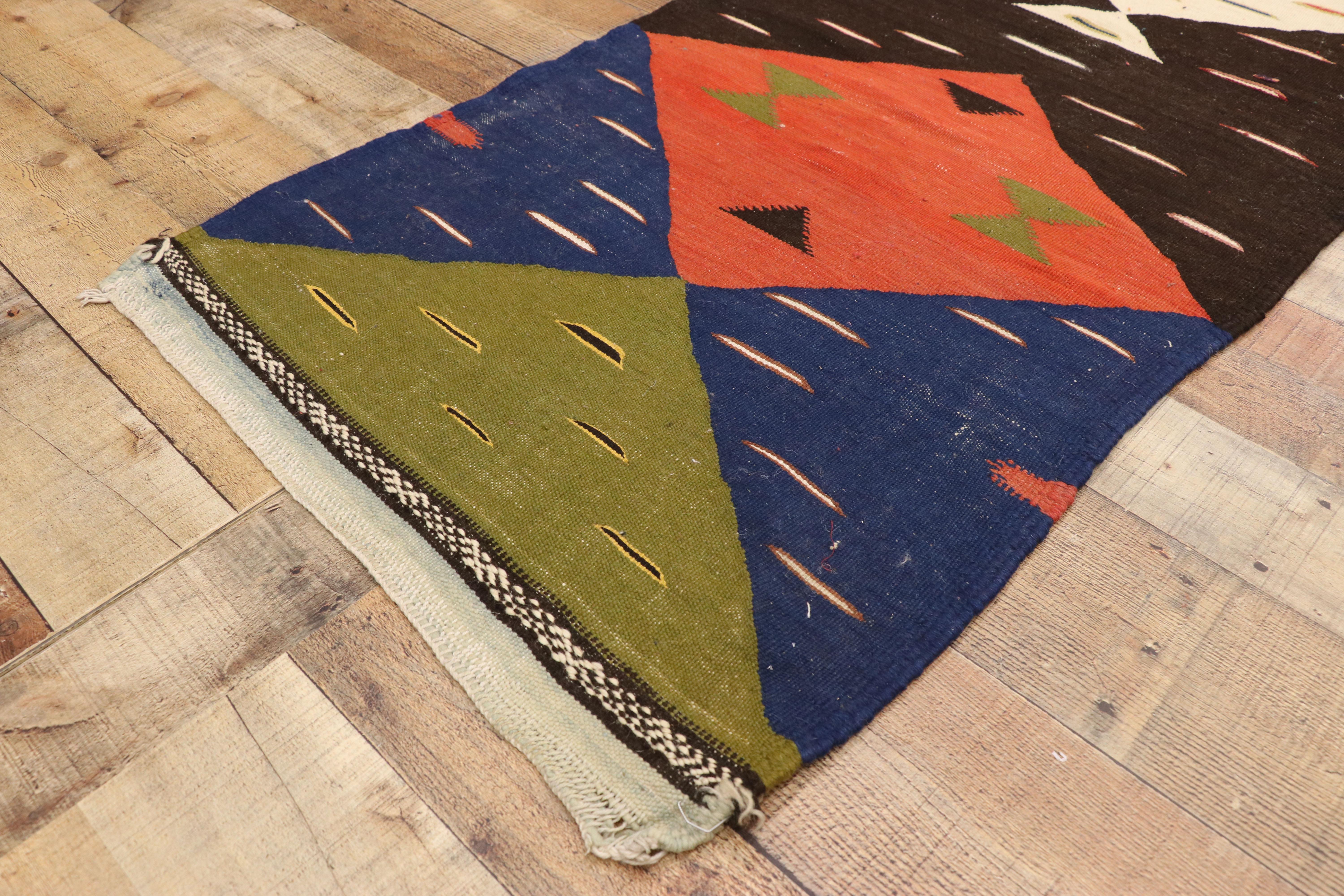 Vintage Moroccan Kilim Hallway Runner with Retro Art Deco Style, Flat-Weave Rug In Good Condition In Dallas, TX