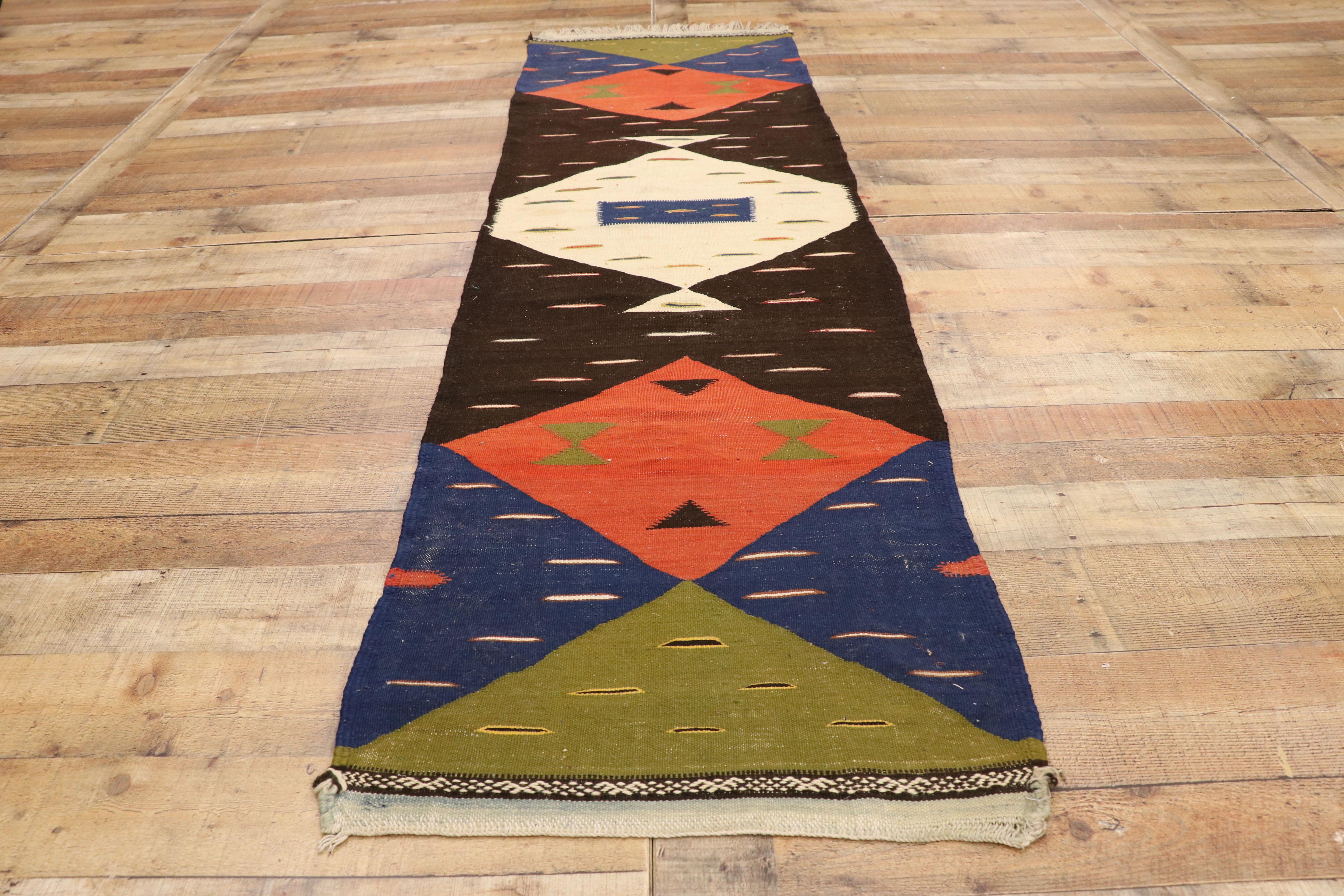20th Century Vintage Moroccan Kilim Hallway Runner with Retro Art Deco Style, Flat-Weave Rug