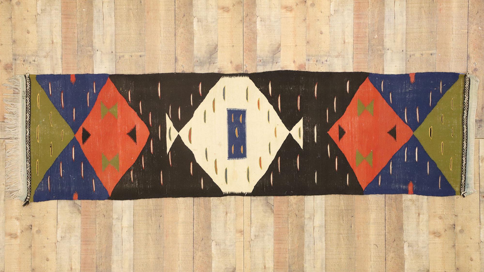 Wool Vintage Moroccan Kilim Hallway Runner with Retro Art Deco Style, Flat-Weave Rug