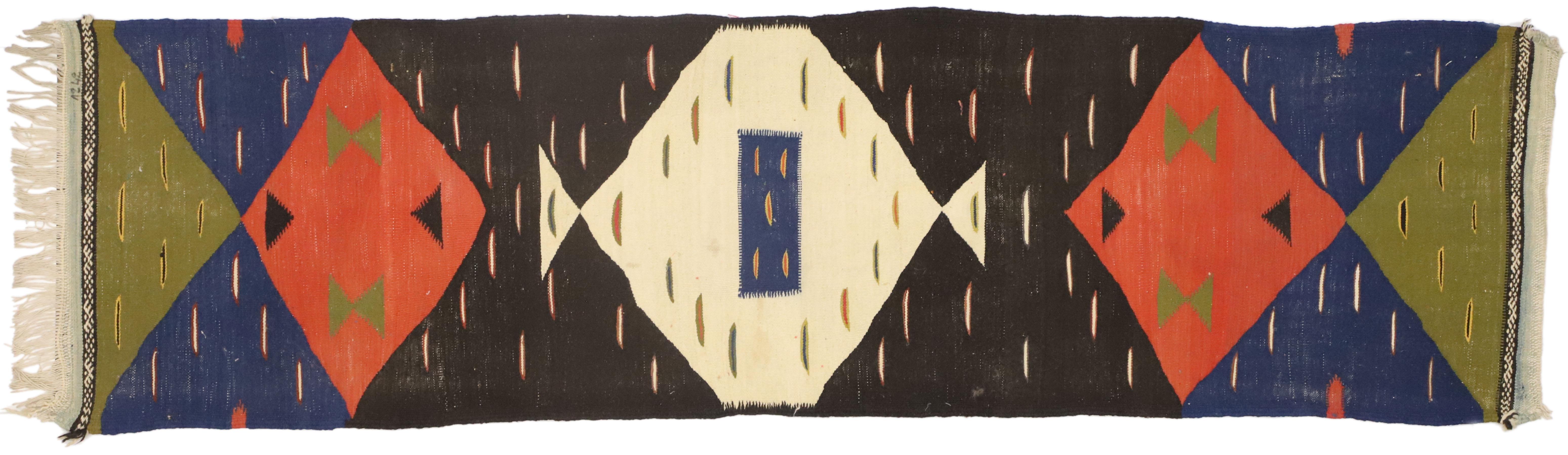 Vintage Moroccan Kilim Hallway Runner with Retro Art Deco Style, Flat-Weave Rug 1