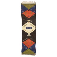 Vintage Moroccan Kilim Hallway Runner with Retro Art Deco Style, Flat-Weave Rug