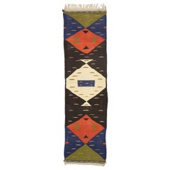 Vintage Moroccan Kilim Hallway Runner with Retro Art Deco Style, Flat-Weave Rug