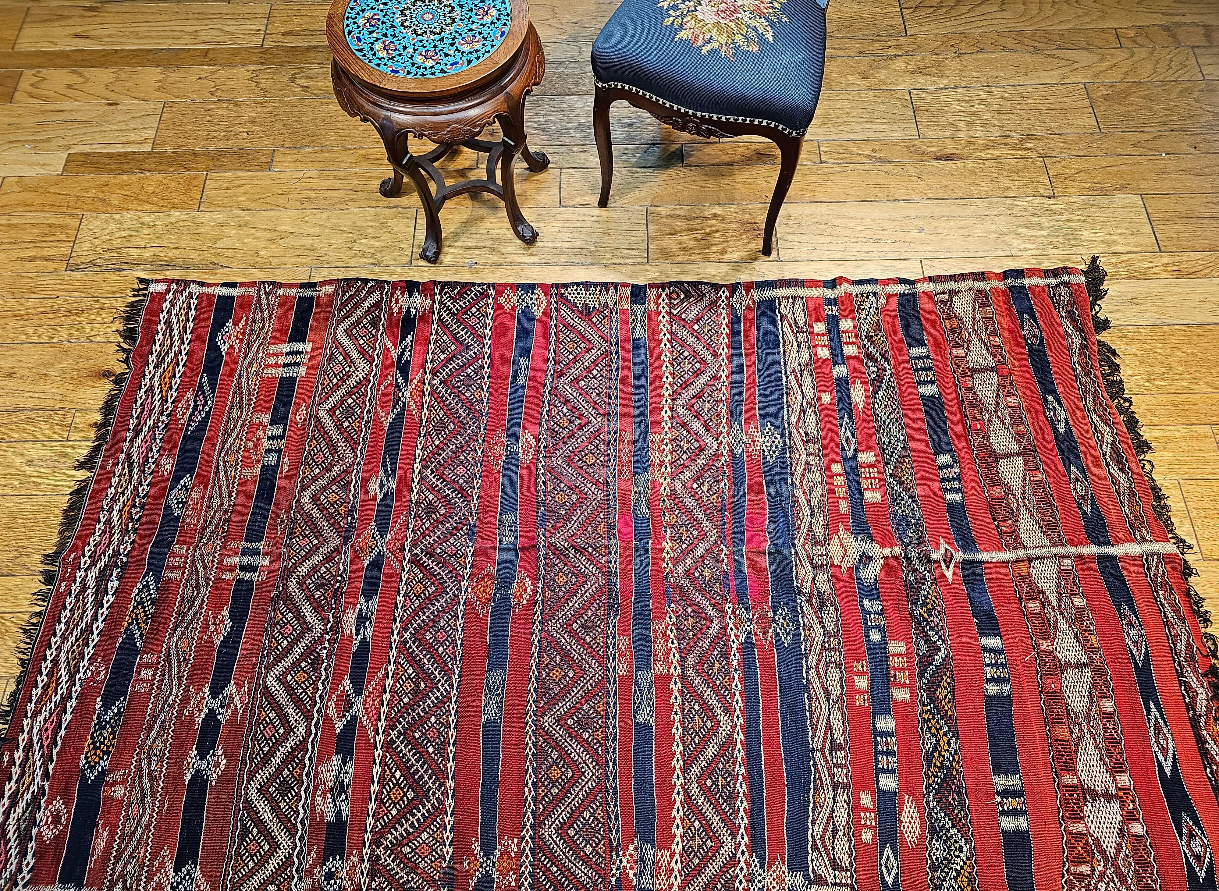 Vintage Moroccan Kilim in Stripe Pattern in Red, Navy, French Blue, Ivory For Sale 5