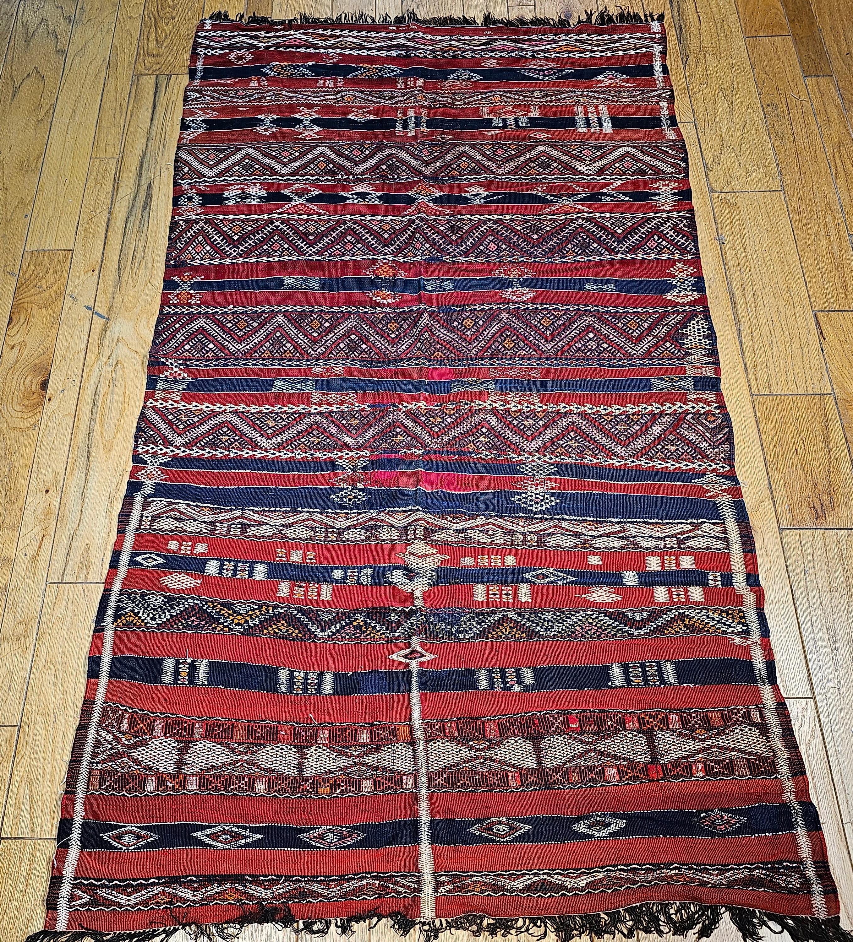 Vintage Moroccan Kilim in Stripe Pattern in Red, Navy, French Blue, Ivory For Sale 8