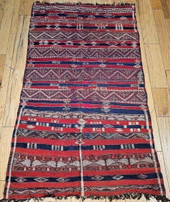 Vintage Moroccan Kilim in Red, French Blue, Ivory & Orange Stripe Pattern