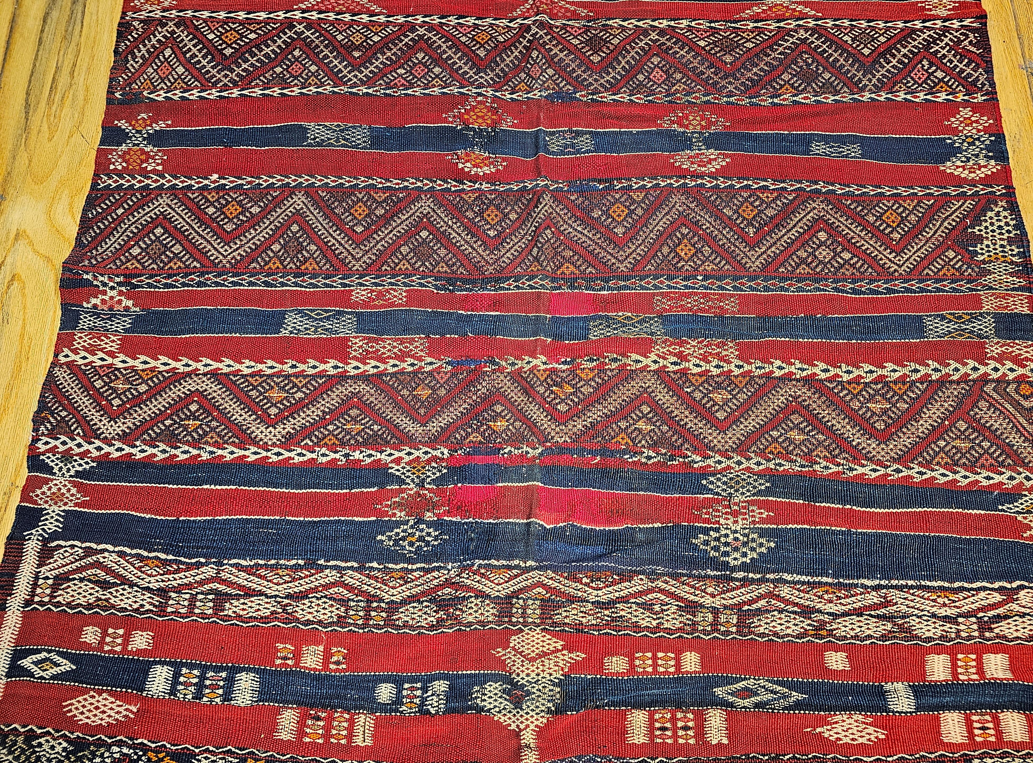Vintage Moroccan Kilim in Stripe Pattern in Red, Navy, French Blue, Ivory In Good Condition For Sale In Barrington, IL
