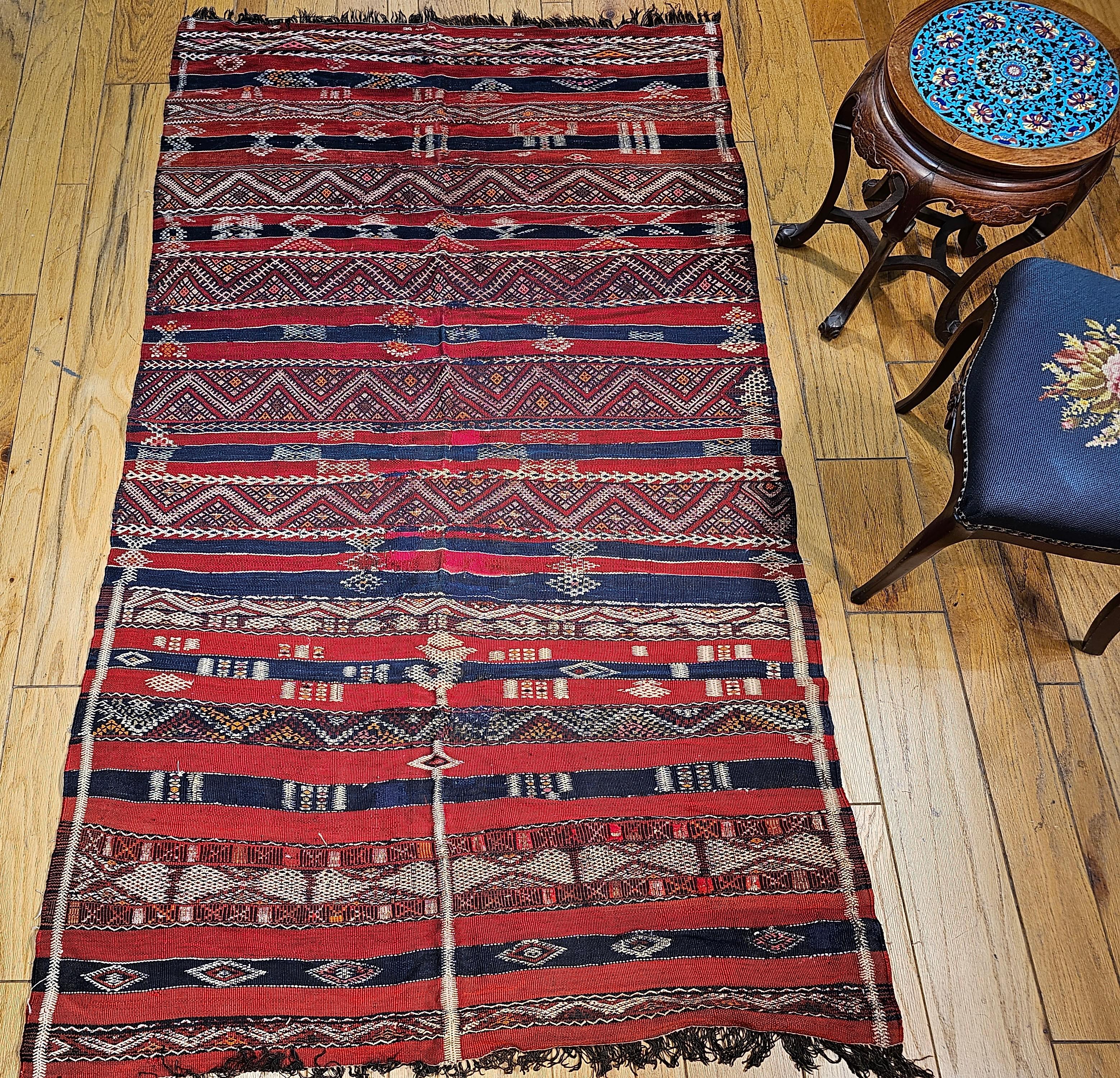 Vintage Moroccan Kilim in Stripe Pattern in Red, Navy, French Blue, Ivory For Sale 2
