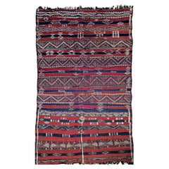 Retro Moroccan Kilim in Stripe Pattern in Red, Navy, French Blue, Ivory
