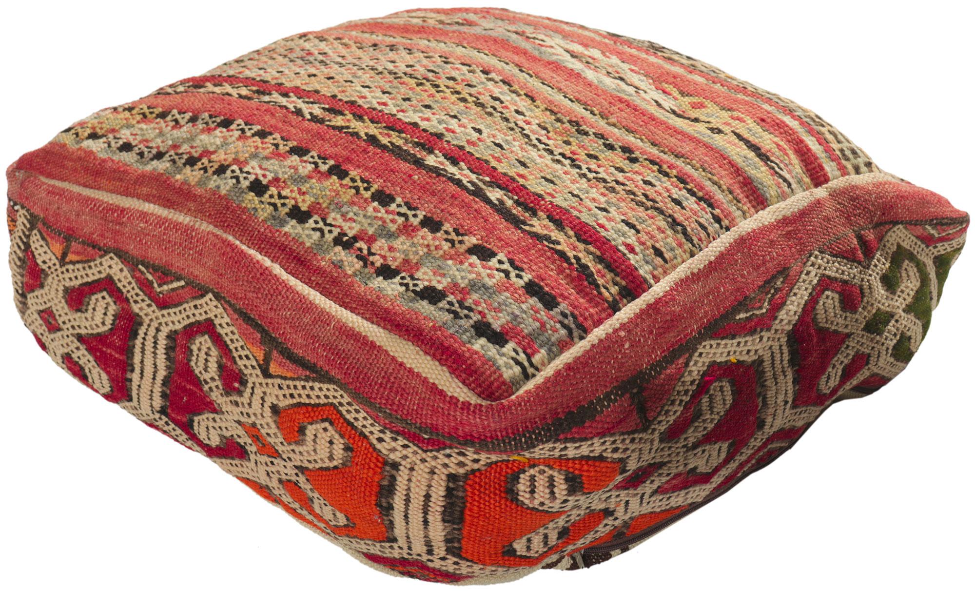 78438 Moroccan Vintage Kilim Pouf Ottoman, 2 x 2 x 1. 
Emanating nomadic charm with elements of comfort and functional versatility, this vintage Moroccan pouf conjures the spirit of Morocco. Made by talented artisans from the Atas Mountains of