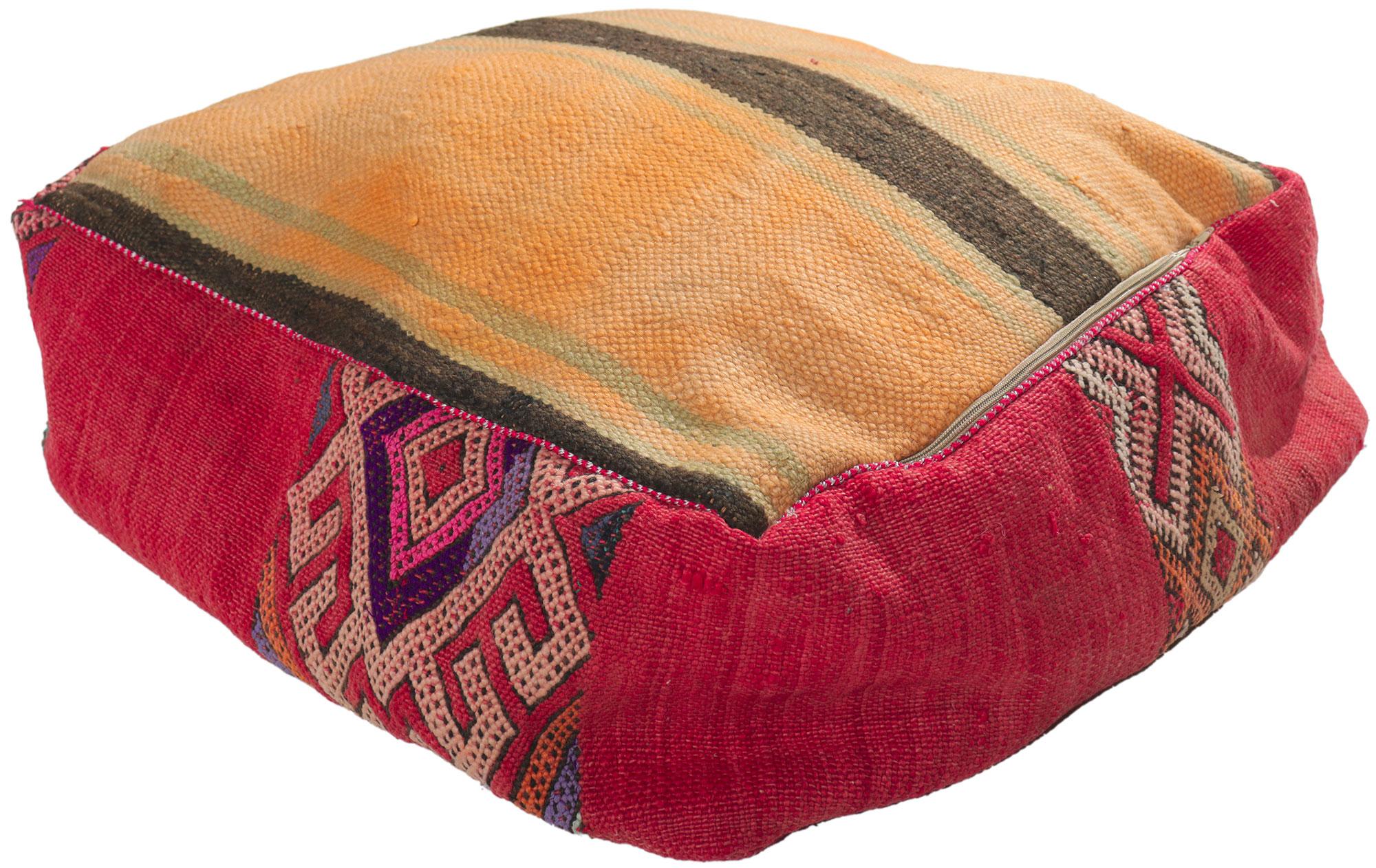 78439 Moroccan Vintage Kilim Pouf Ottoman, 2 x 2 x 1. Emanating nomadic charm with elements of comfort and functional versatility, this vintage Moroccan pouf conjures the spirit of Morocco. Made by talented artisans from the Atas Mountains of