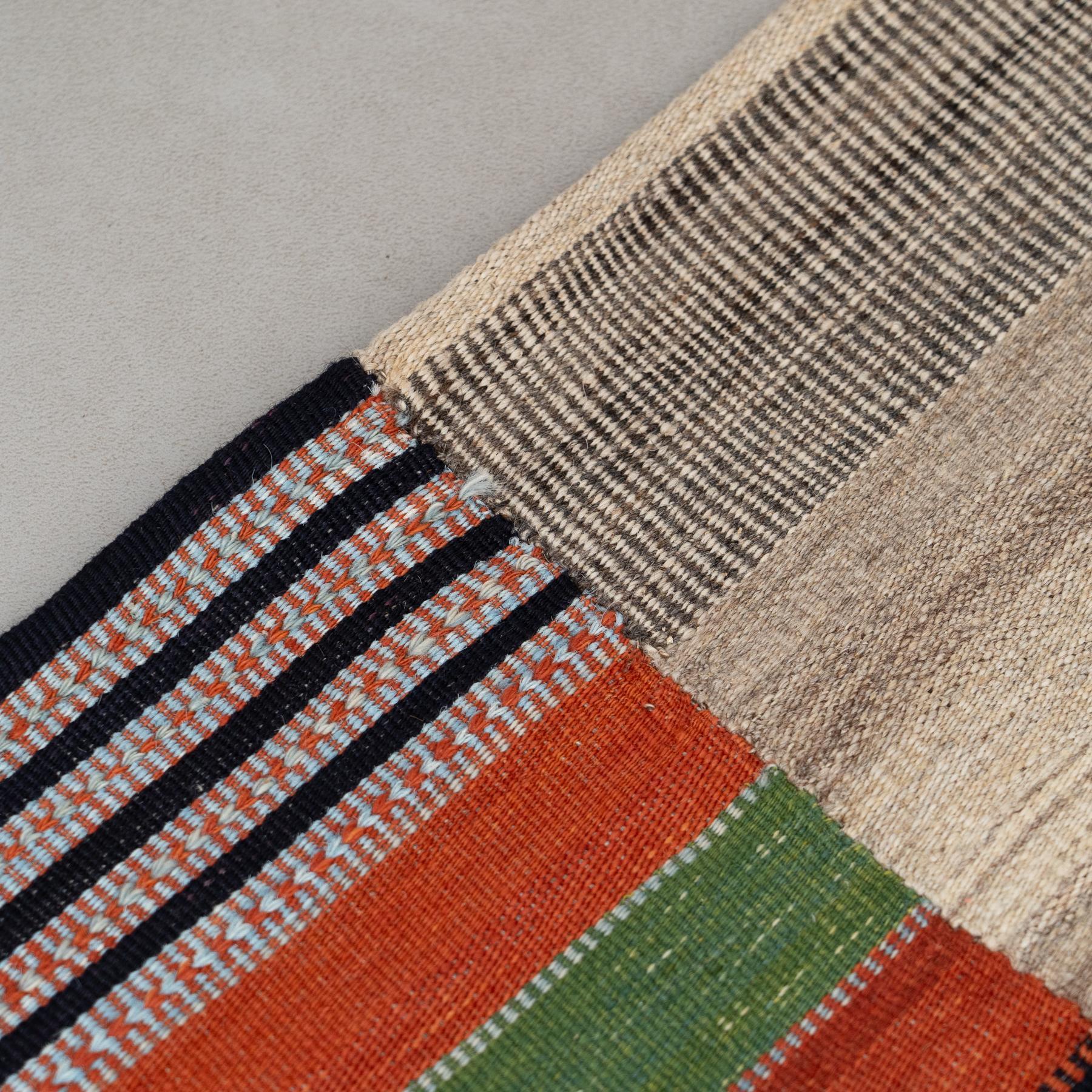 Mid-Century Modern Vintage Moroccan Kilim Rug – 1970s, Geometric Earth Beige & Bold Stripes For Sale