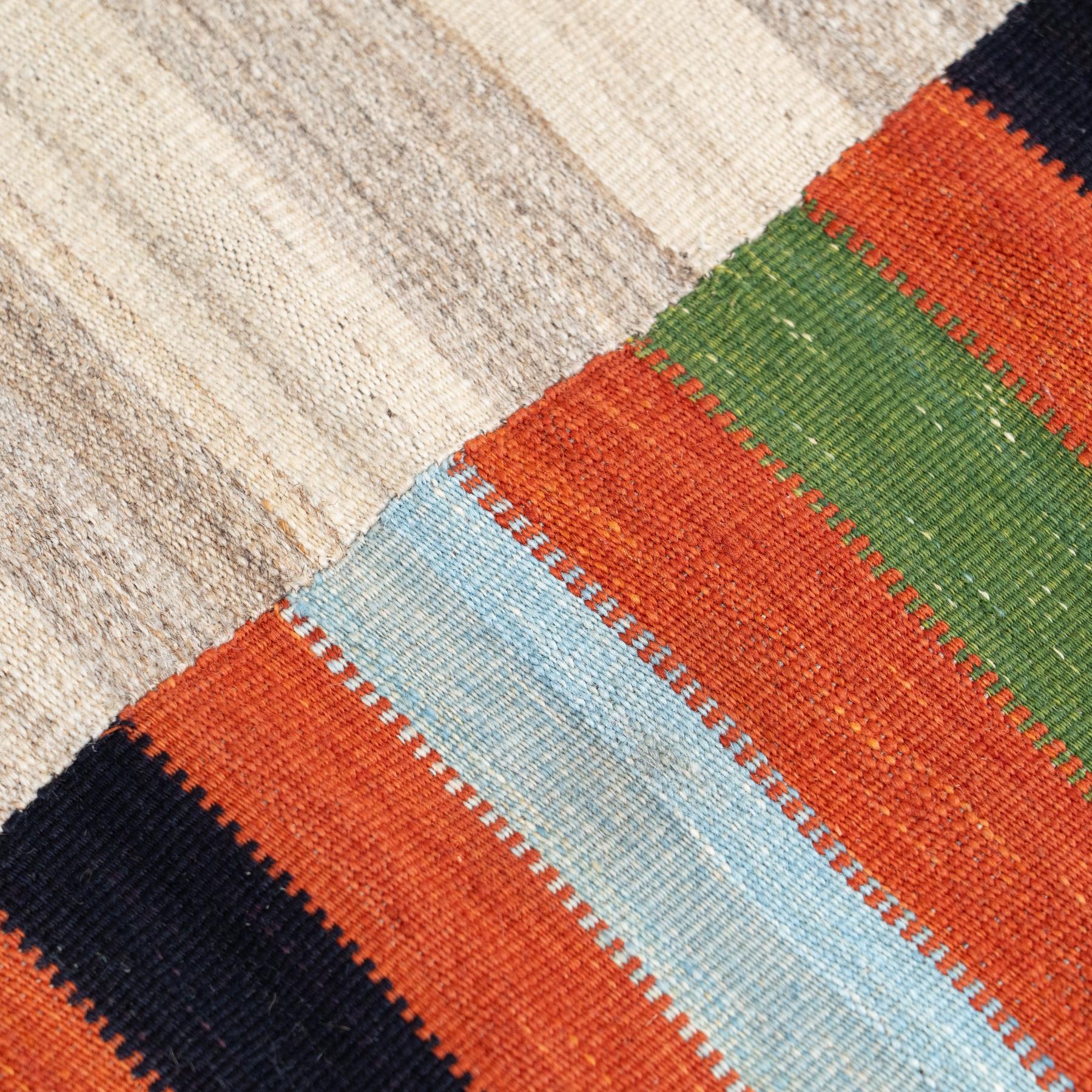 Wool Vintage Moroccan Kilim Rug – 1970s, Geometric Earth Beige & Bold Stripes For Sale