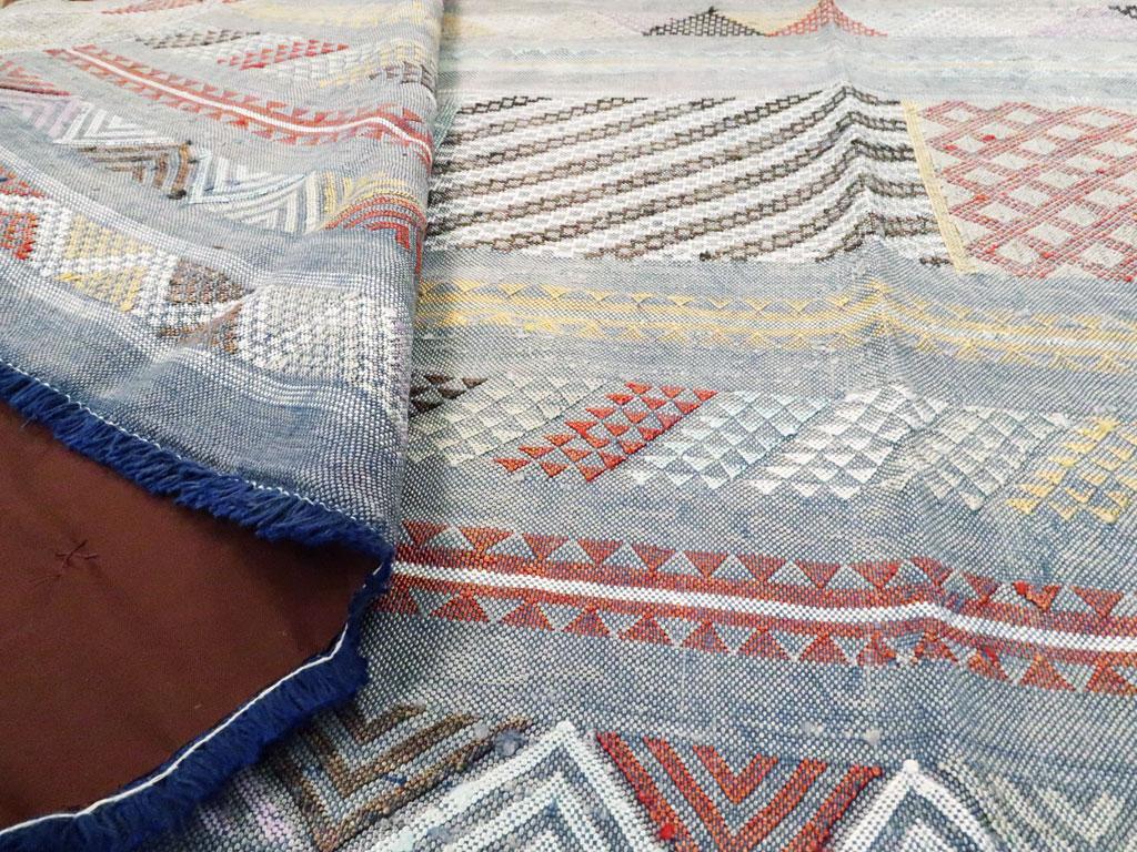 Silk Moroccan Boho-Chic Flatweave Rug In A Slate Blue Shade For Sale 2