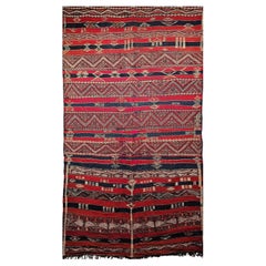 Alfombra Kilim marroquí vintage, lana tejida a mano, rayas rojas y azules