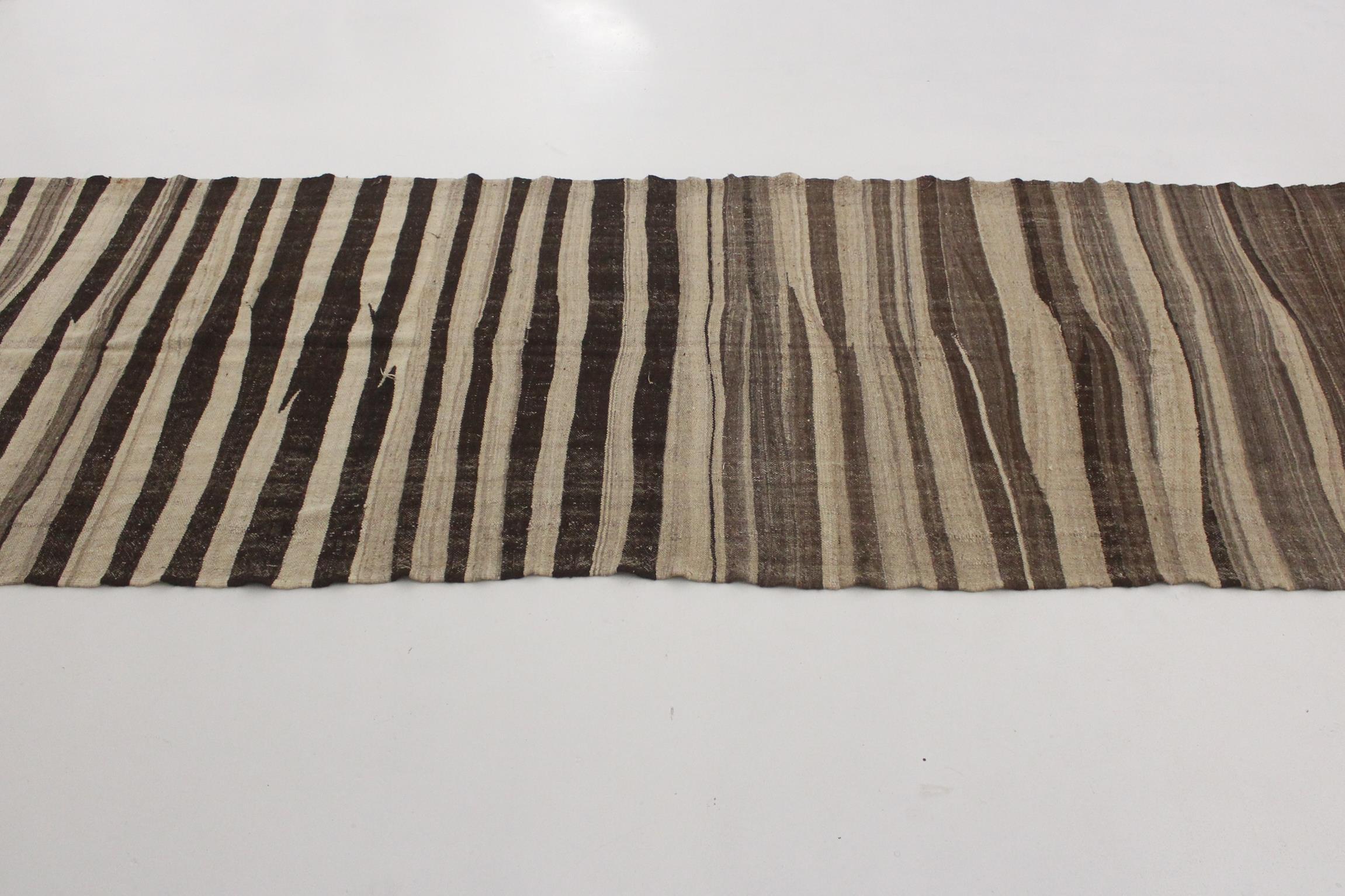 Hand-Woven Vintage Moroccan Kilim rug - Stripes in beige+brown - 4.6x14.4feet / 142x440cm For Sale