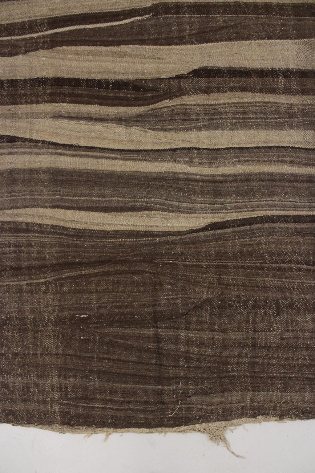 Wool Vintage Moroccan Kilim rug - Stripes in beige+brown - 4.6x14.4feet / 142x440cm For Sale