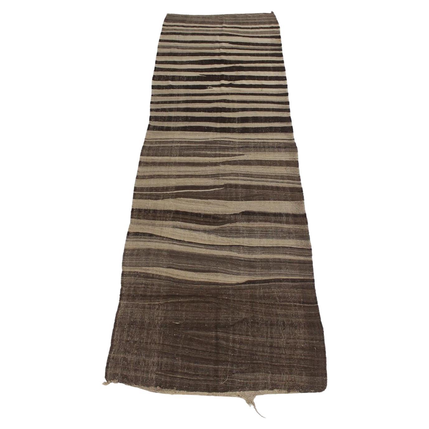 Vintage Moroccan Kilim rug - Stripes in beige+brown - 4.6x14.4feet / 142x440cm For Sale