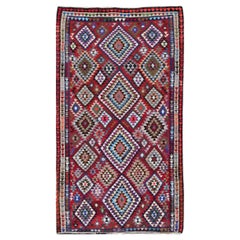 Tapis Kilim marocain vintage avec des diamants géométriques audacieux rouges, bleus, 9'1 X 16'0