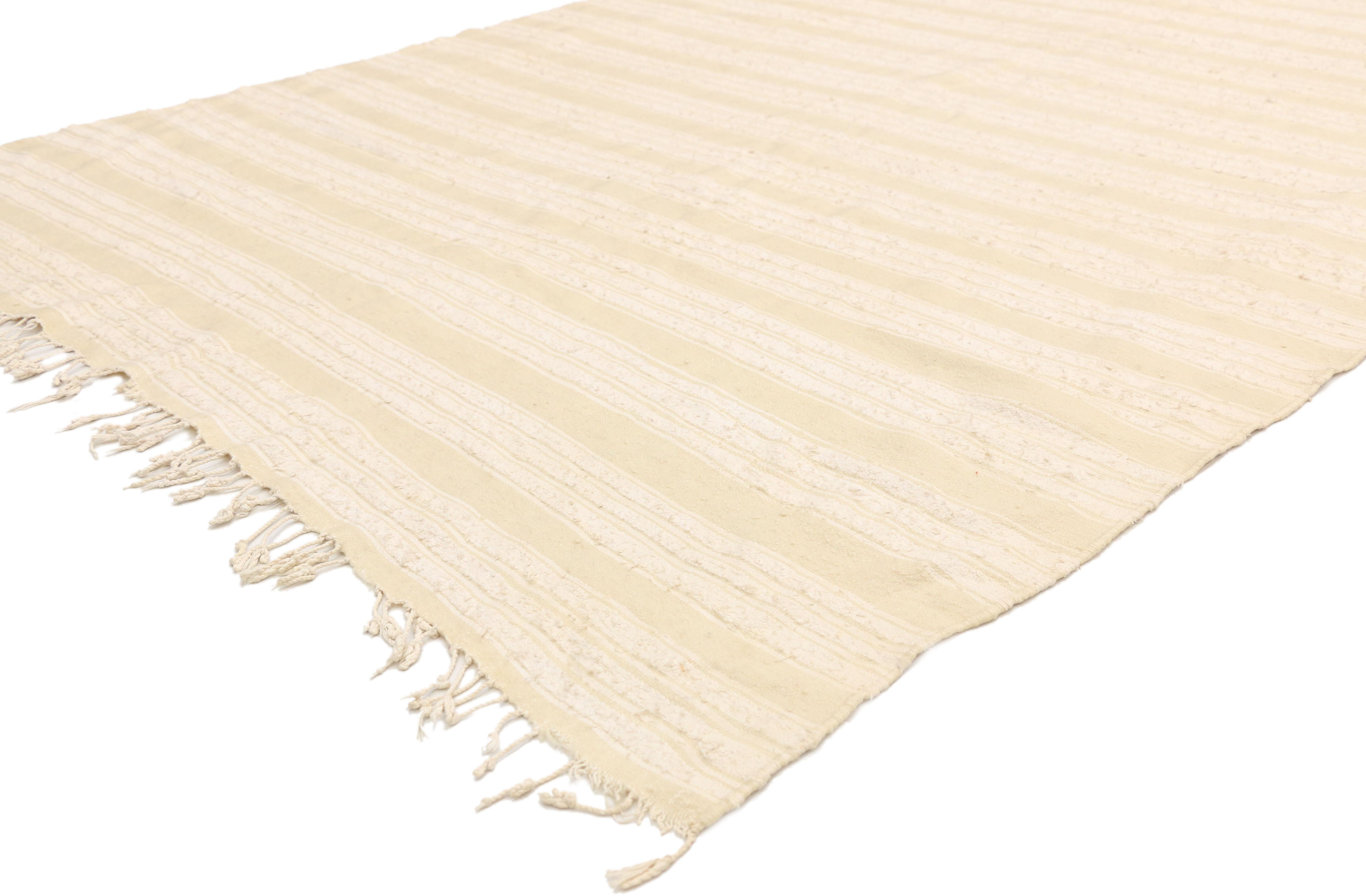 20828 Vintage Moroccan Kilim rug with Minimalist Scandinavian Style, neutral color rug 04'08 x 09'07. This neutral flat-weave Kilim rug emanates function and versatility with relaxed hygge vibes. This handwoven wool vintage Moroccan Kilim rug