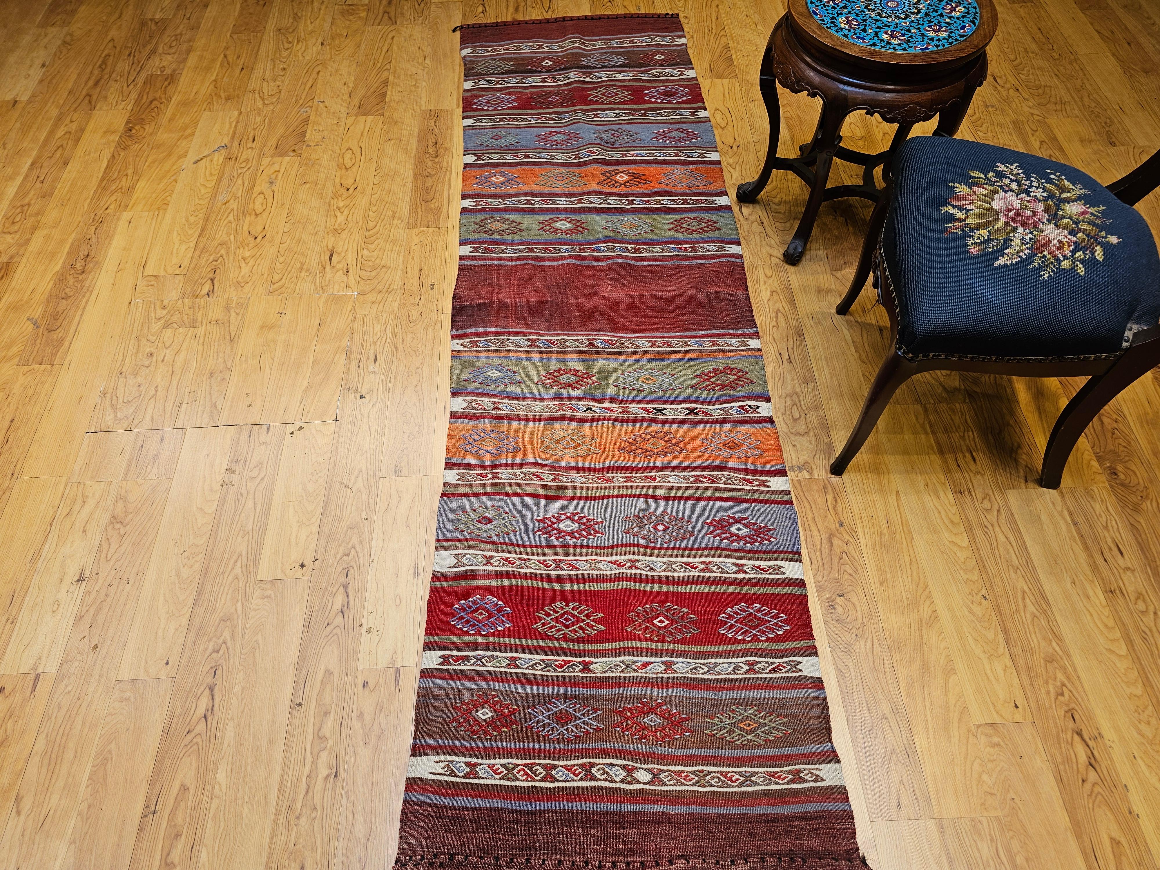 Vintage Moroccan Kilim Runner in Geometric Banded Pattern in Red, Purple, Green For Sale 4