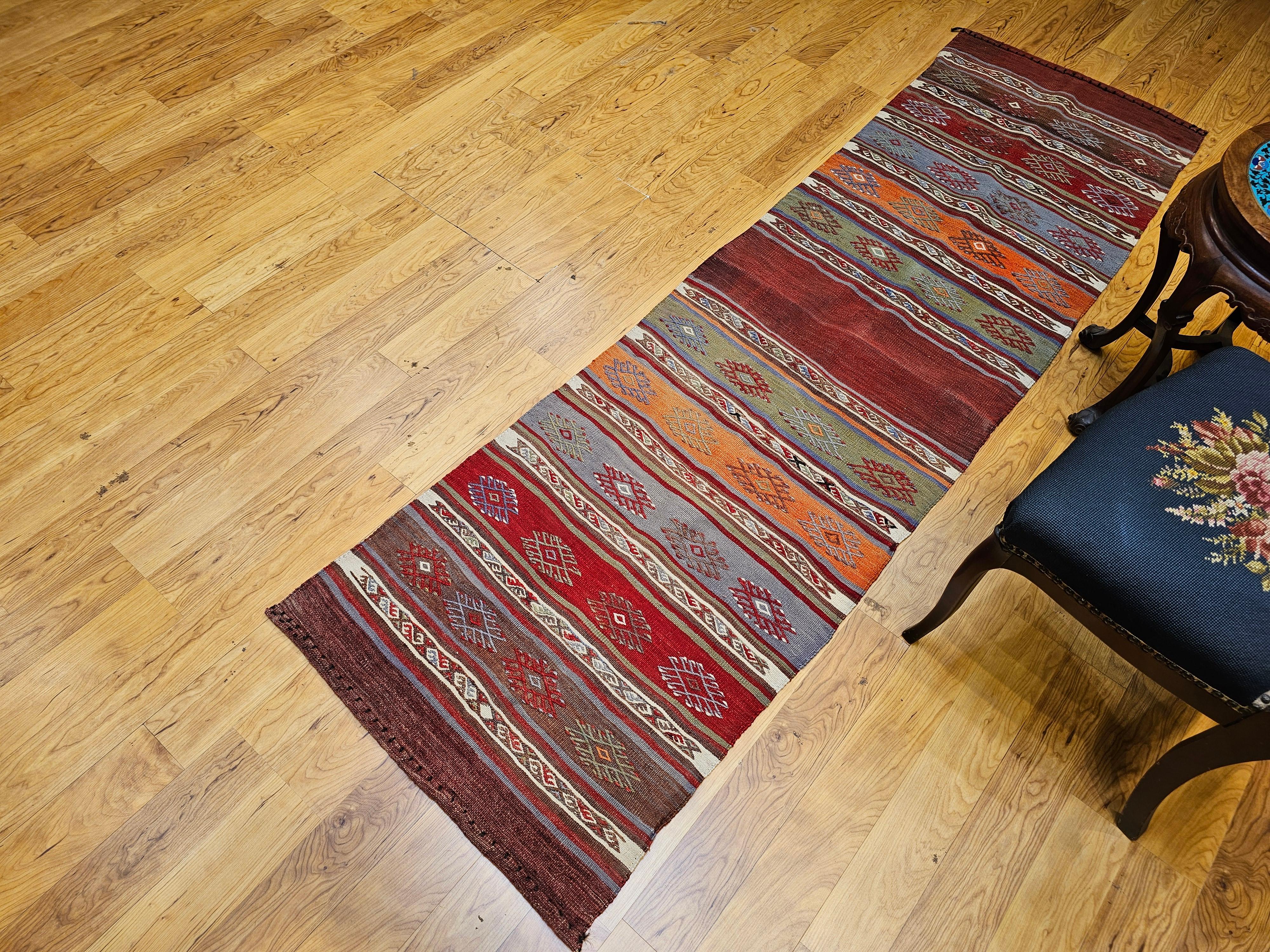 Vintage Moroccan Kilim Runner in Geometric Banded Pattern in Red, Purple, Green For Sale 5