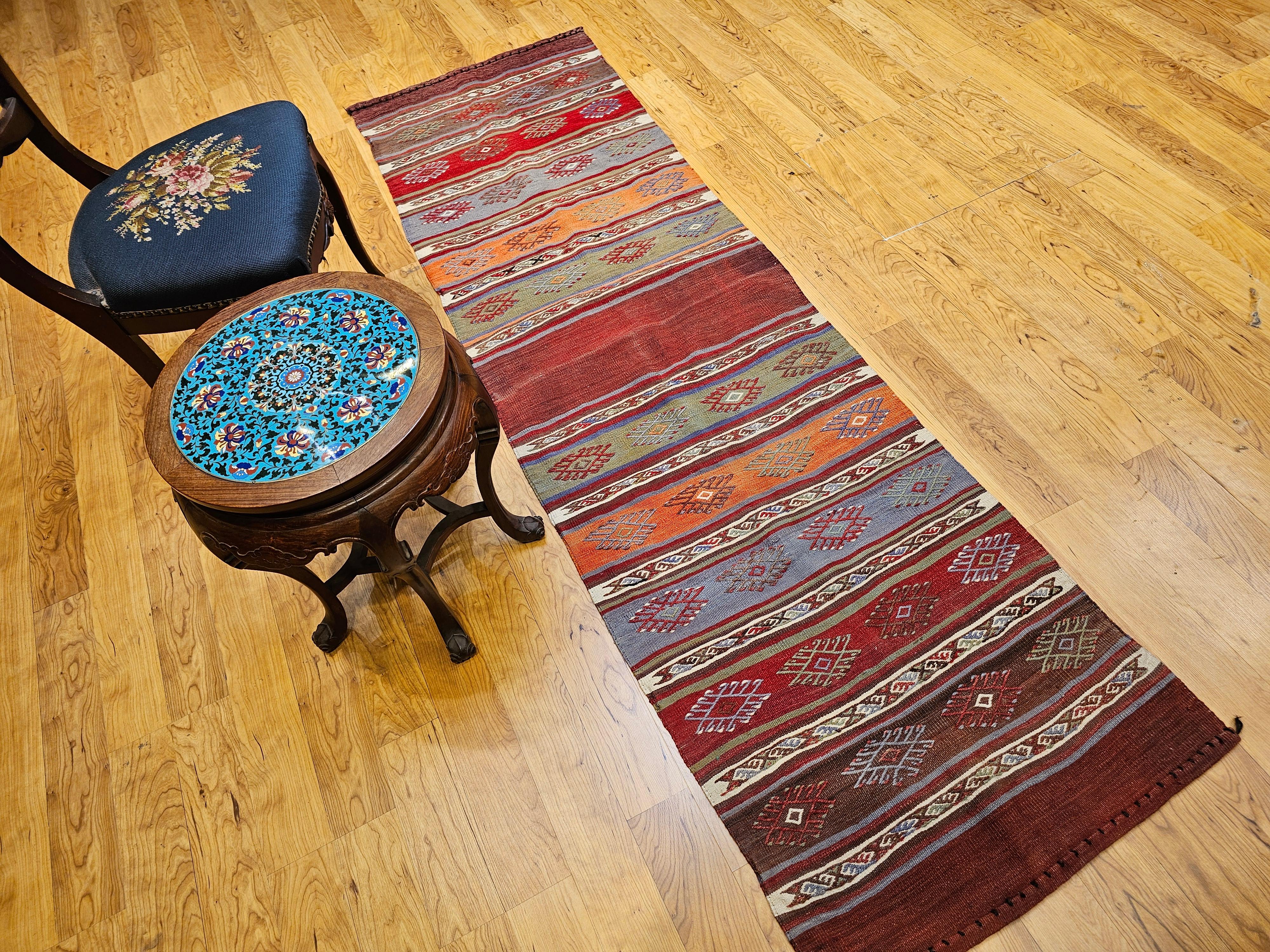 Vintage Moroccan Kilim Runner in Geometric Banded Pattern in Red, Purple, Green For Sale 6